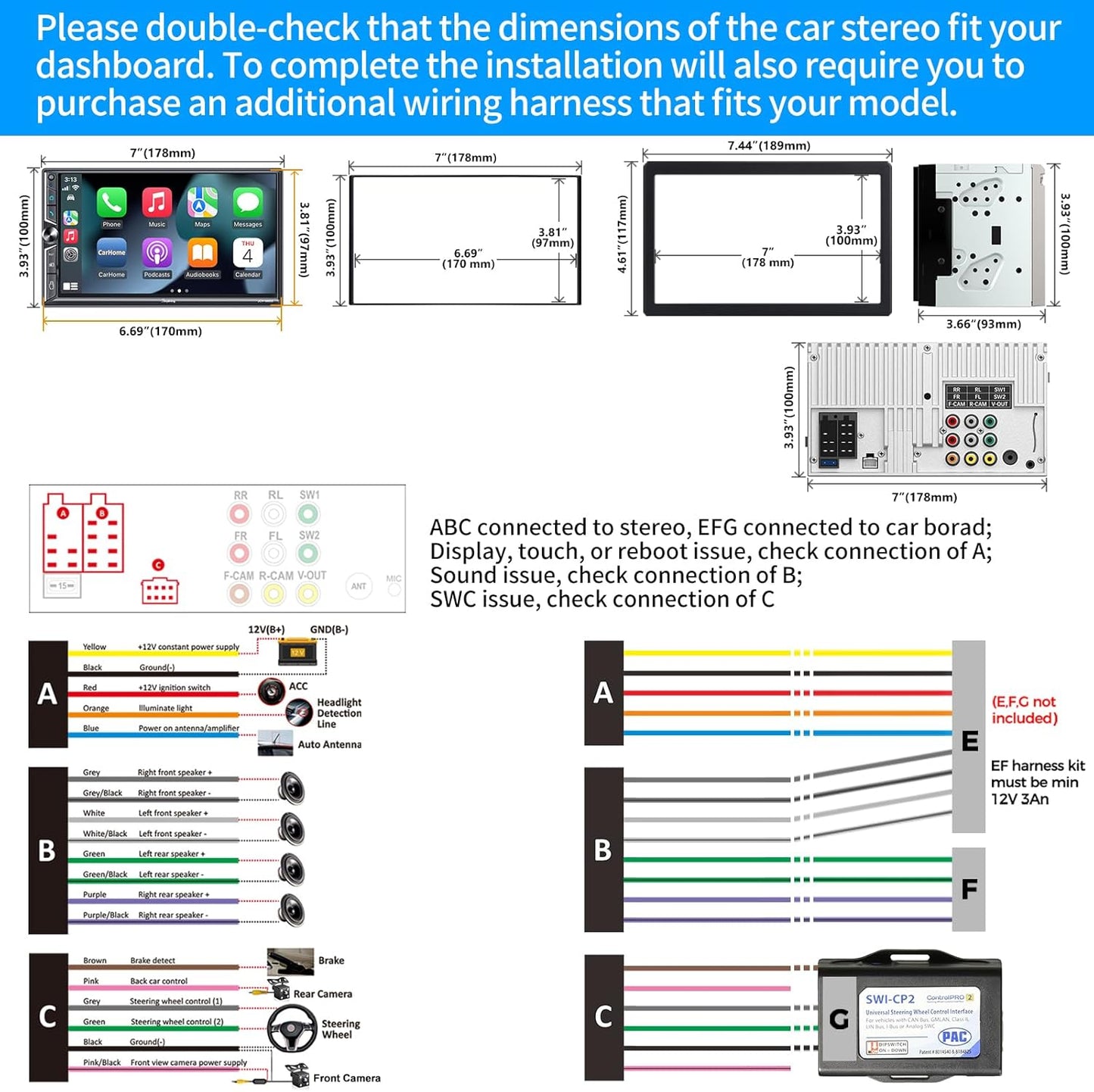 [Upgrade Wireless] 7" Double Din Car Radio with Wireless Apple CarPlay and Android Auto, Bluetooth 5.3 Car Play, 240W 4.2-Channel Audio Output, Mirror Link, Backup Camera, AM/FM Car Stereo
