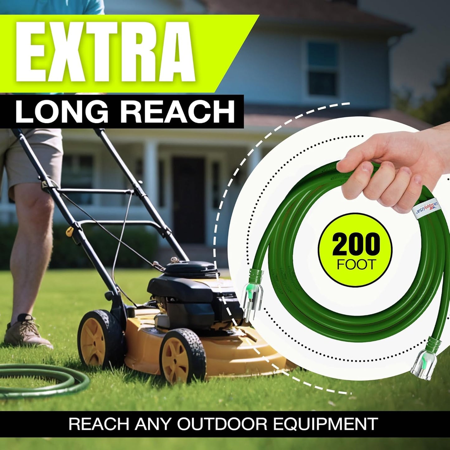 200ft Outdoor/Indoor Extension Cord 12/3 Gauge Extra Heavy Duty 3 Prong SJTW, Waterproof, Flexible Cold-Resistant Long Power Cord,8A 125V 1000W, Green by LifeSupplyUSA