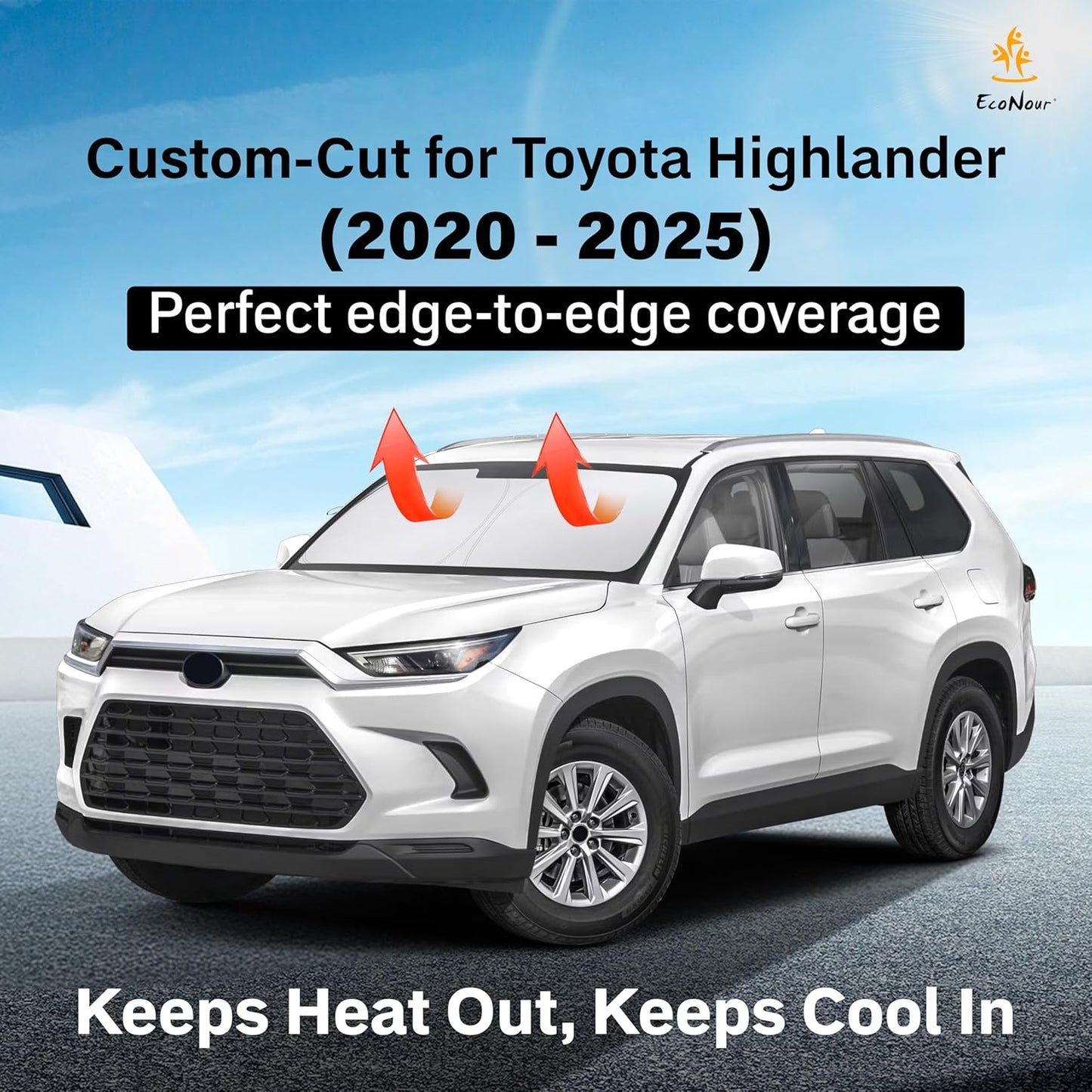 Econour Windshield Sun Shade for Toyota Highlander 2020-2025 Window Sun Visor Protector Sun Cover Foldable Blocks UV Rays Keep Your Car Cooler