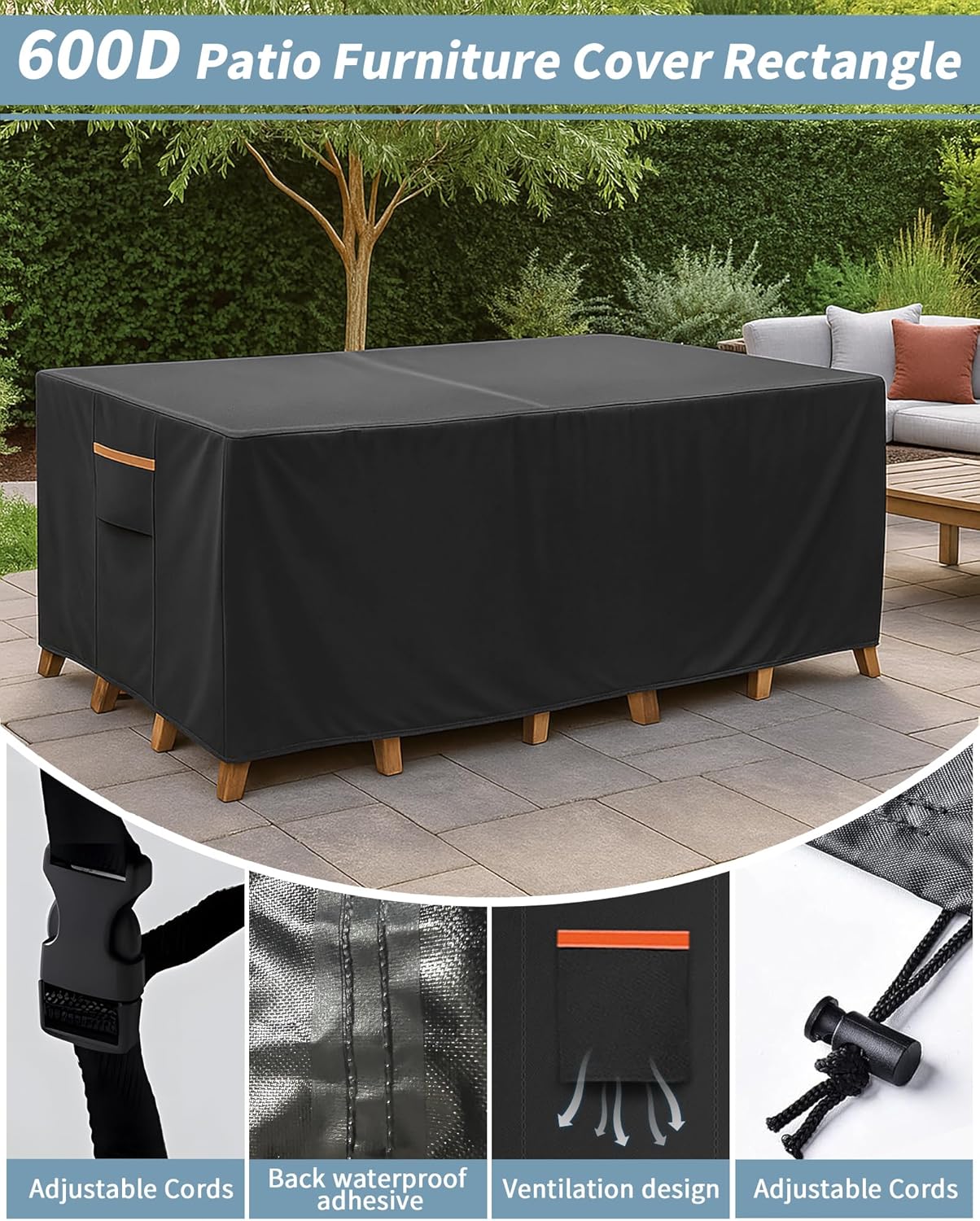 Outdoor Waterproof Furniture Cover, 88W x 62L x 28H inches Heavy Duty 600D Rectangular Table and Chair Set Protection, Black