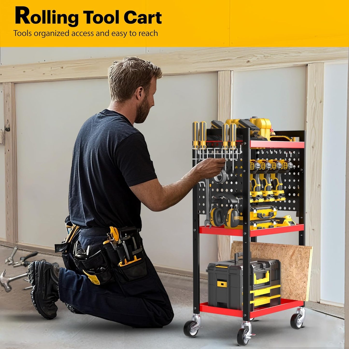 Power Tool Organizer Cart, Garage Tool Storage, Heavy Duty 4 Tier Floor Standing Rolling Shelf with Wheels, Mobile Workbench for Garage Workshop Home Repair, Gift for Father Men Husband, Red