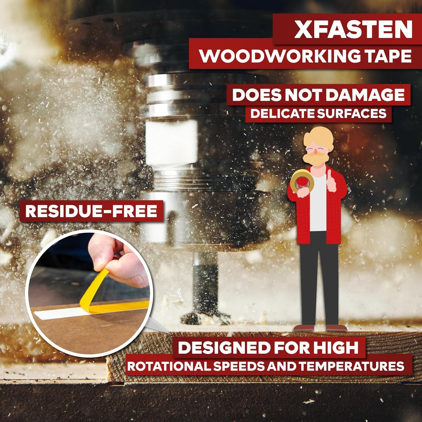 XFasten Double Sided Woodworking Tape 1 Inch x 108 Feet (3-Pack), Residue-Free, Removable Double Sided Woodworking Masking Tape for Wood Template, Mounting Boards MDF Edge Banding, Routing, Anchoring