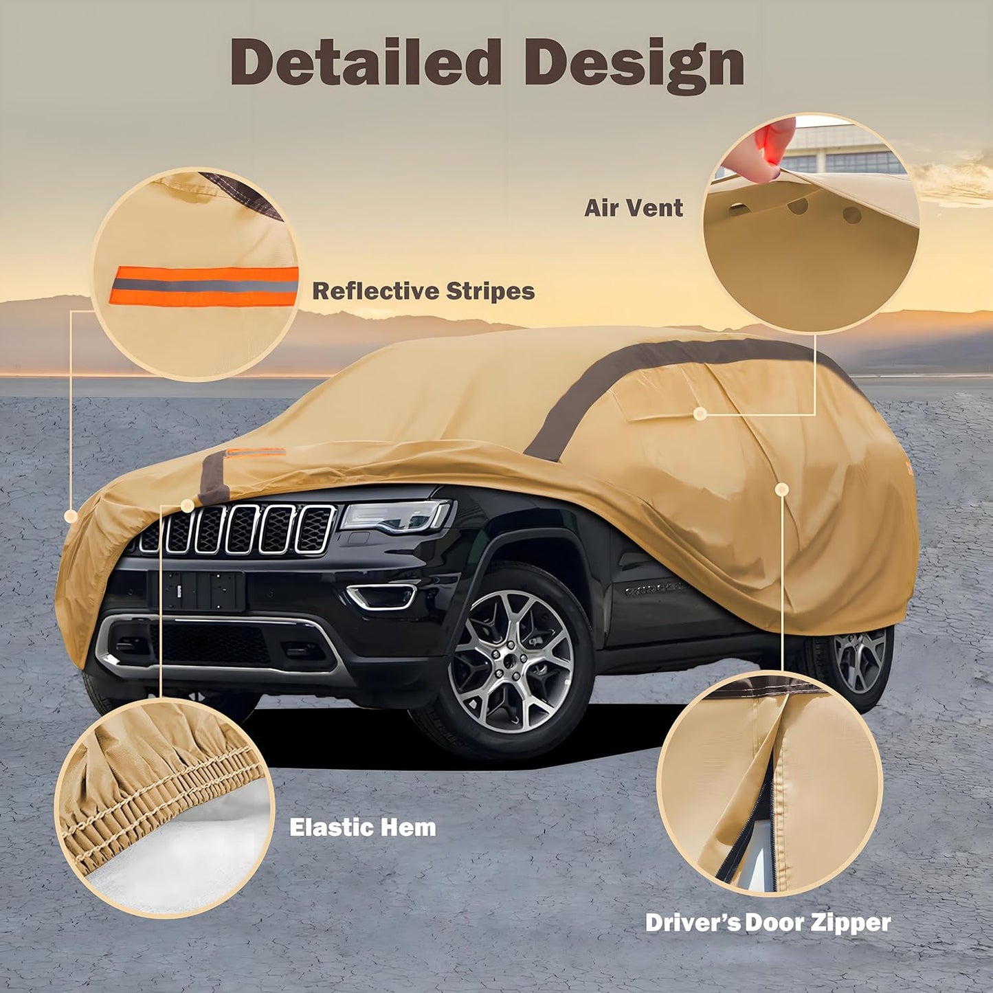 Car Cover Waterproof All Weather Compatible with Jeep Grand Cherokee, Outdoor Anti-UV Sun Rain Protection Full Exterior Cover (Camel with Brown)