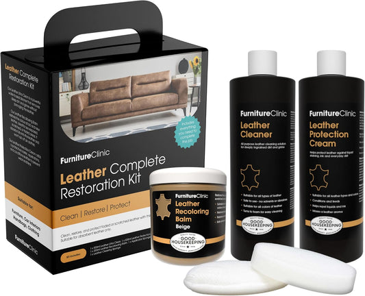 Furniture Clinic Leather Complete Restoration Kit | with Leather Recoloring Balm, Cleaner, 2-in-1 Protection Cream & Conditioner, Sponge, and Cloth | Repair Kit for Furniture (Beige)