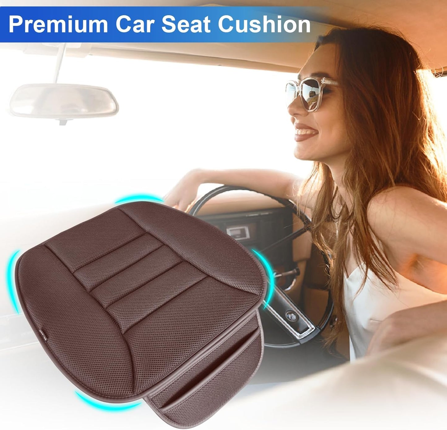 Premium Car Seat Cushion, Driver Cushion with Comfort Memory Foam & Non-Slip Rubber Bottom, Car Seat Pad Works with 95% of Vehicles and Office Chair or Home - 4D Brown