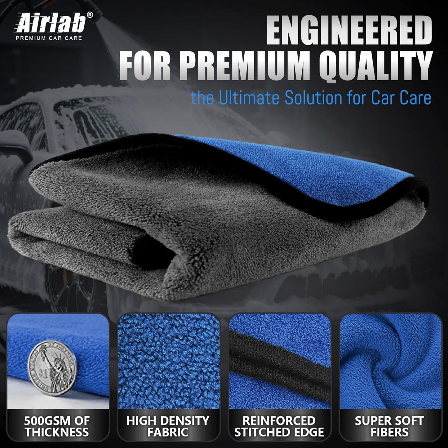 Airlab Microfiber Towels for Cars Wash Drying Thick Plush Cleaning Cloth Auto Detailing Super Absorbent for Interior & Exterior Lint Free, Streak Free, 35 x 24 Inch, 500 GSM, Pack of 1