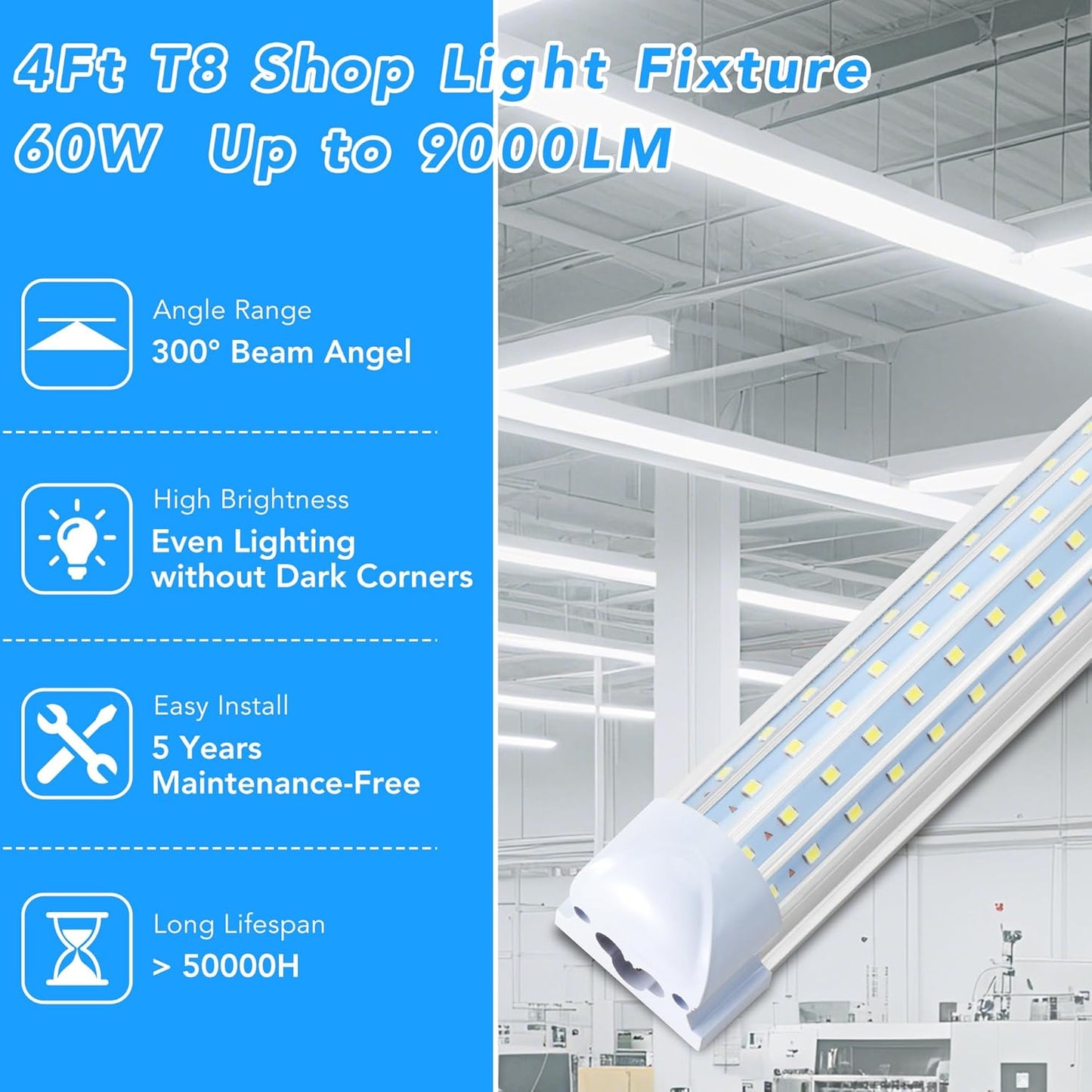 T8 LED Shop Lights 4FT Garage Light, 6 Pack 60W 9600LM 6000K Daylight Work Lights Ceiling LED, Linkable, Plug & Play, Energy-Saving for Warehouse Basement Room(V8)