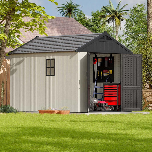 Patiowell 8x10 FT Plastic Shed Outdoor Storage Shed with Floor, Resin Garden Tool Shed Lockable Door & Two Windows for Patio, Backyard, Bike & Organizer, Beige
