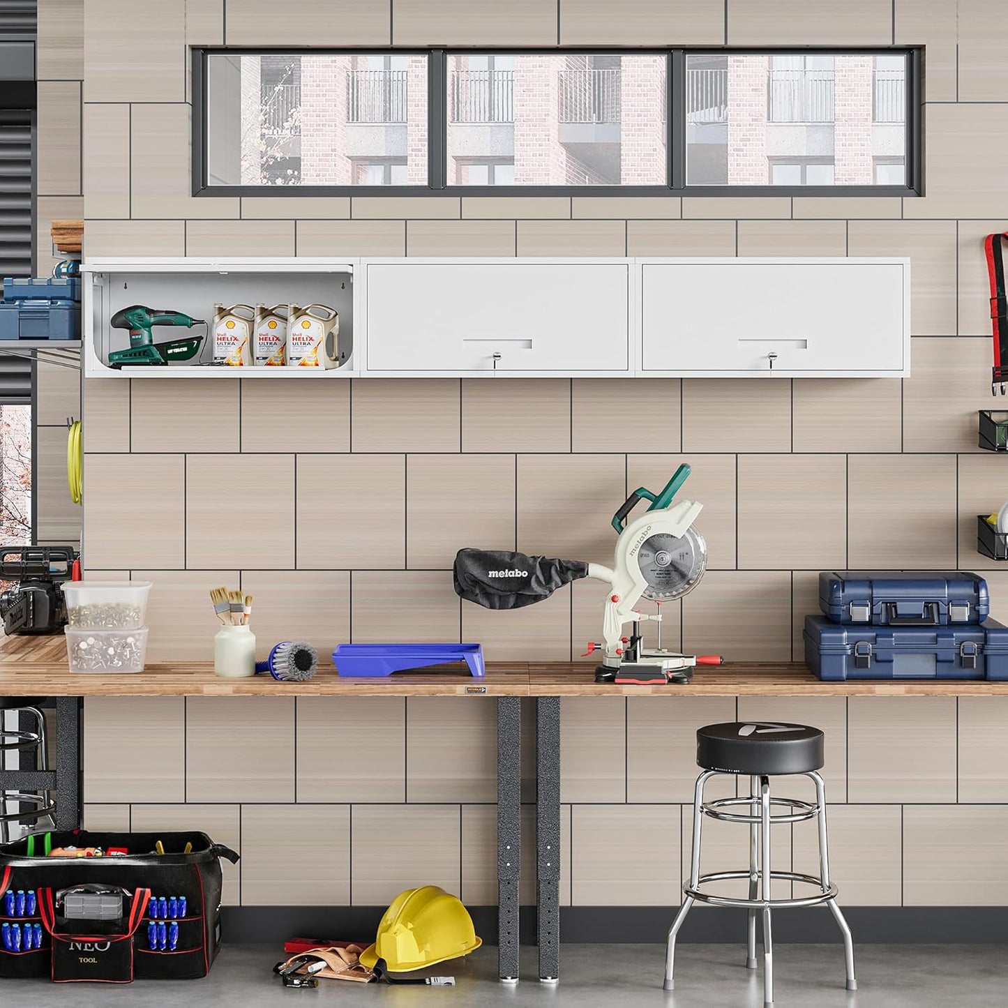 Metal Wall Storage Cabinet with Up-flip Door, Wall-Mounted Storage Cabinet for Garage, Warehouse, Home, Office, Assembly Required (White)