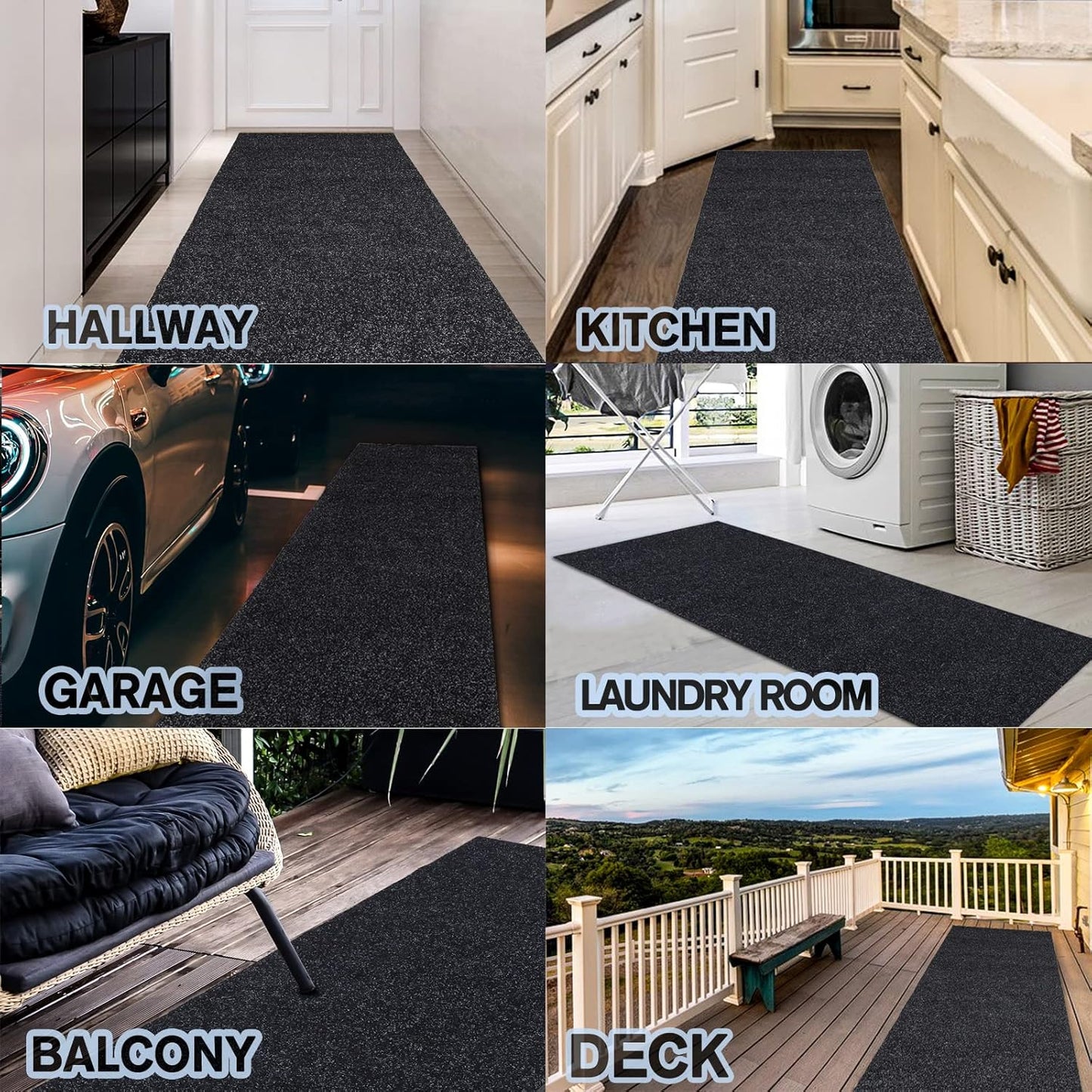 Custom Size Backed Non-Slip Area Rugs Runner, Easy Clean, Waterproof Runner Rugs for Hallway Entryway, Kitchen, Laundry, 2FT x 61FT, Black