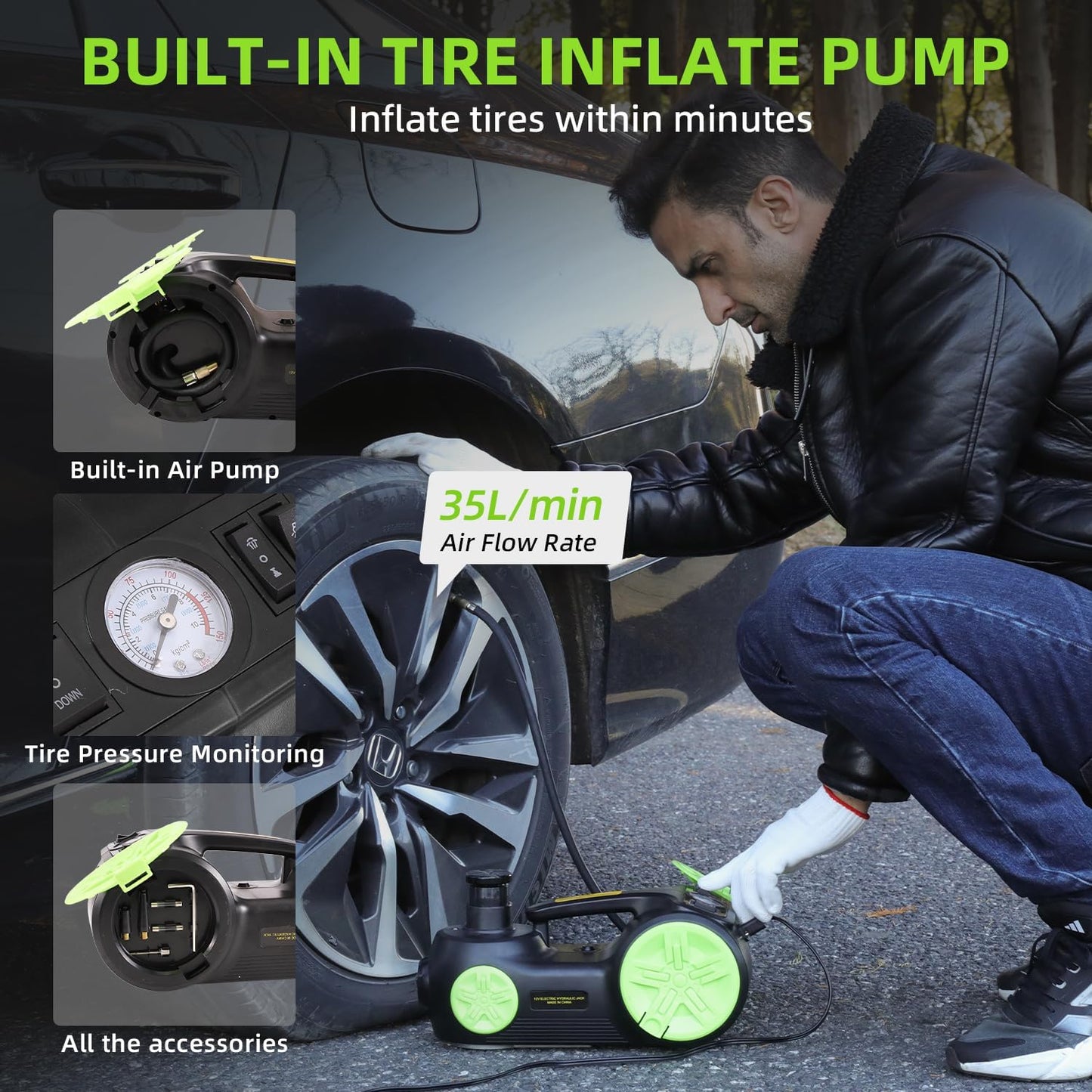 EFFIROSO Electric Car Jack Kit 5 Ton 12V Hydraulic Floor Jack with Impact Wrench Tire Inflator Pump for Vehicle Emergency Repair Kit 11023lbs (Black and Green)