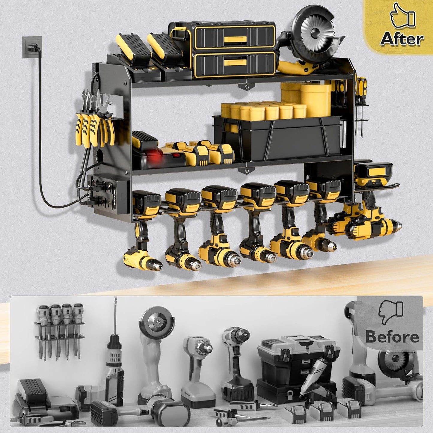 Power Tool Organizer Wall Mount with Charging Station, Cordless Drill and Battery Holder Shelf for Garage Organization,Heavy Duty Metal Tool Rack Storage, Load 300lbs, Built in 5 Outlet Power Strip