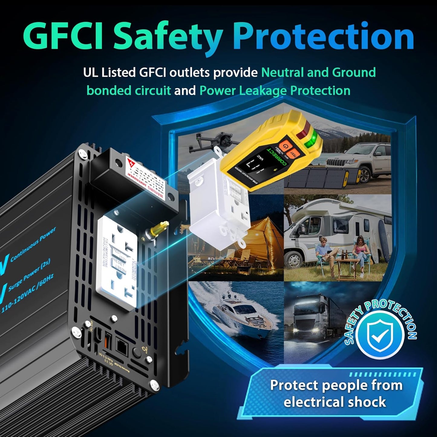 3000 Watt Power Inverter Pure Sine Wave with 6100Watt Surge for 2S 12V DC to 120V AC Converter,UL Listed GFCI outlets, Lithium Battery Compatible for RVs,Off-Grid Solar Power Inverter by GIANDEL