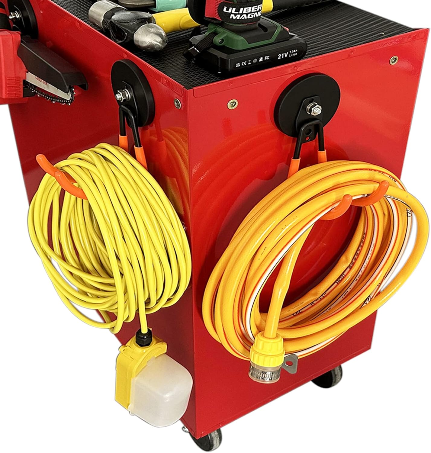 ULIBERMAGNET Strong Magnetic Hooks,2 Pack Heavy Duty Large Magnetic Hooks for Extension Cord, Cable, Hose, Power Cord,Rope,Drill,Jig Saw,Circular Saw,Garden Lawn Tools (Orange/3.46inch)