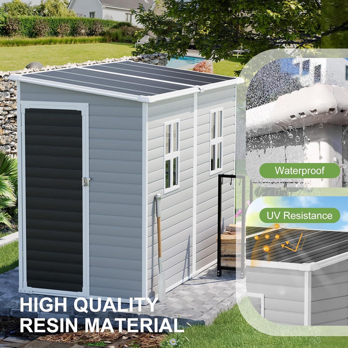 8x4x6 FT Resin Lean to Shed, Waterproof Outdoor Storage Shed with Floor, Window, Lockable Door & 2 Windows, Tool Shed for Patio Garden, Lawn, Backyard, Dove Grey