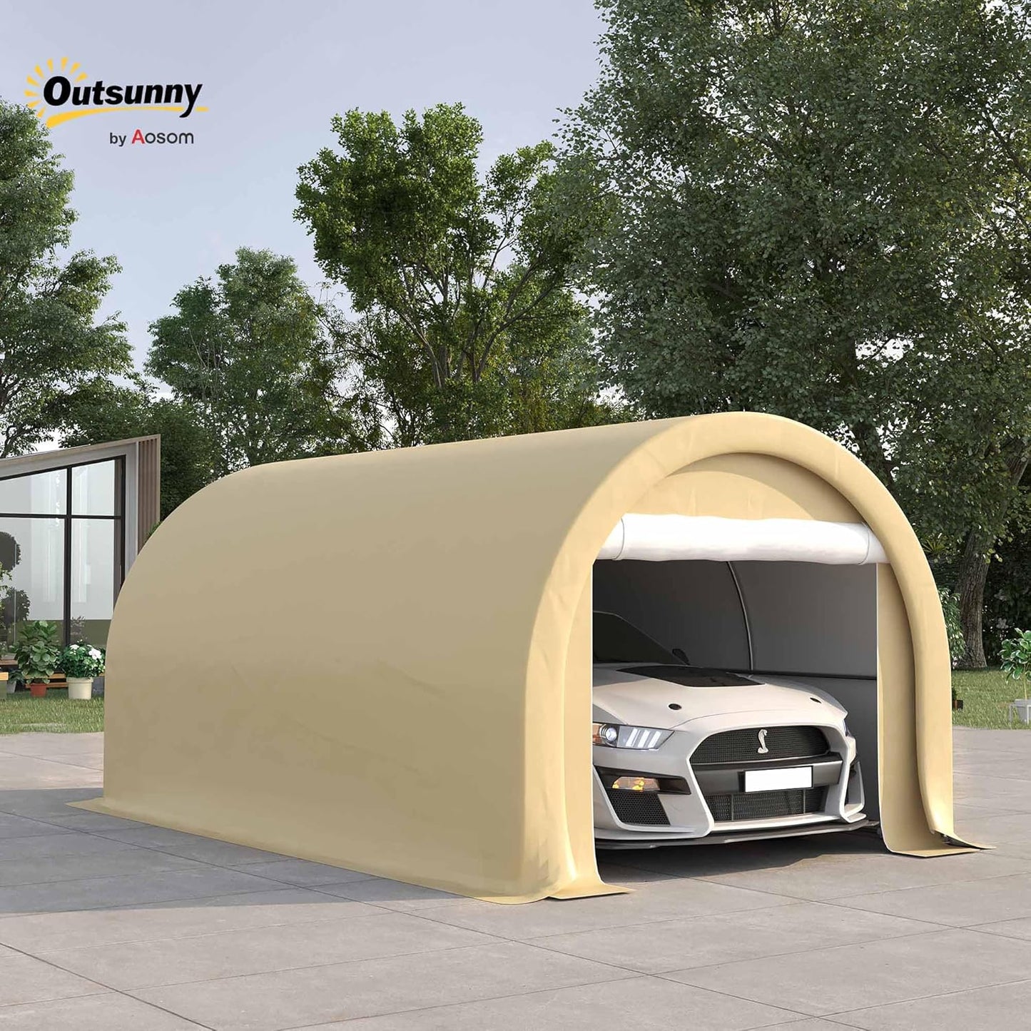 Outsunny 10' x 16' Carport, Heavy Duty Portable Garage Storage Tent with Large Zippered Door, Anti-UV PE Canopy Cover for Car, Truck, Boat, Motorcycle, Bike, Garden Tools, Outdoor Work, Beige