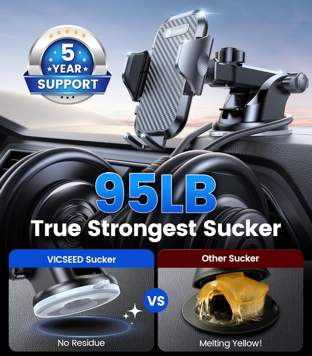 VICSEED True Military-Grade Phone Holders for Your Car [Upgraded 95+LBS Strongest Suction] Cell Phone Mount for Car Dashboard Windshield Vent Truck Boat Stand Adjustable for iPhone Android