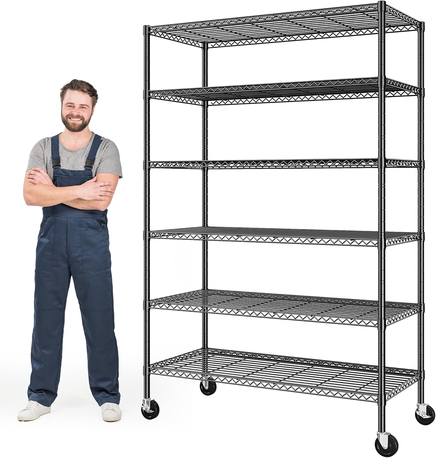 82" H X45 W X18 D Storage Shelves with Wheels, 6 Tier Wire Shelving Adjustable Metal Shelving Pantry Shelves Capacity 1200LBS for Garage Shelving, Pantry, Kitchen, Closet, Black