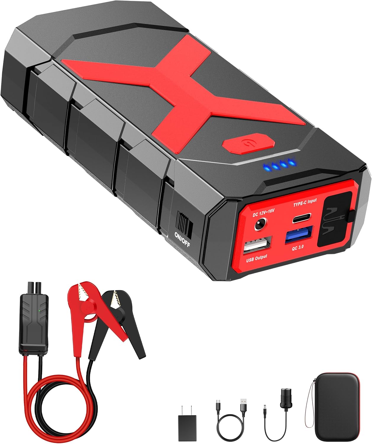 BOOKOO Jump Starter 2000A for Car/Boat/Lawnmower(8.0L Gas/6.5L Diesel Engine) Portable 12V Car Battery Jump Starter with Cables,Wall Charger,USB 3.0 Fast Charging,16V DC Output,3 LED Modes