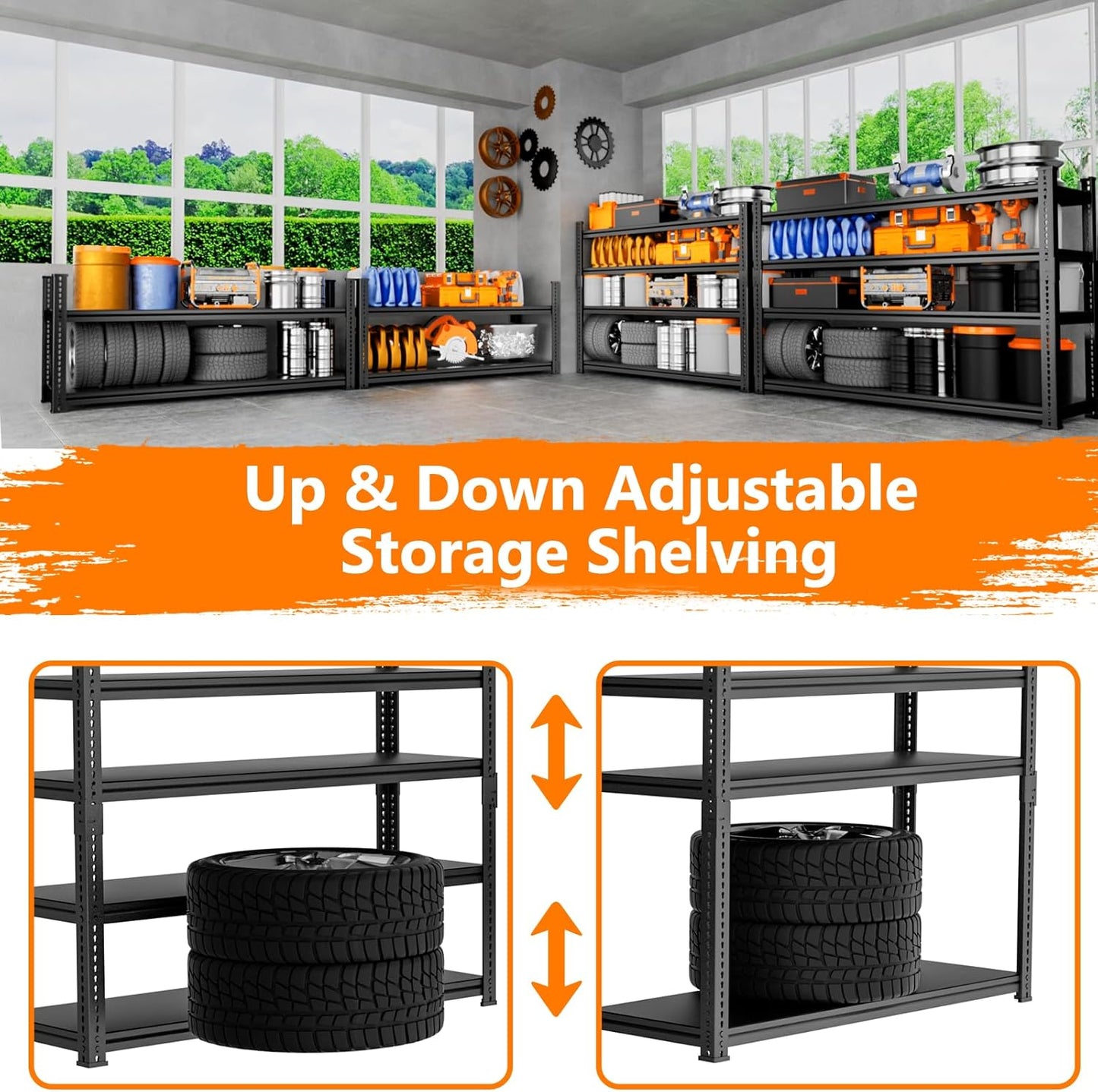 Storage Shelves Heavy Duty, 48"L x 18"W x 72"H Garage Storage Shelves Unit Loads 3700LBS, 5-tier Adjustable Metal Industrial Utility Shelf Rack for Kitchen, Laundry Room, Pantry, Warehouse, Basement