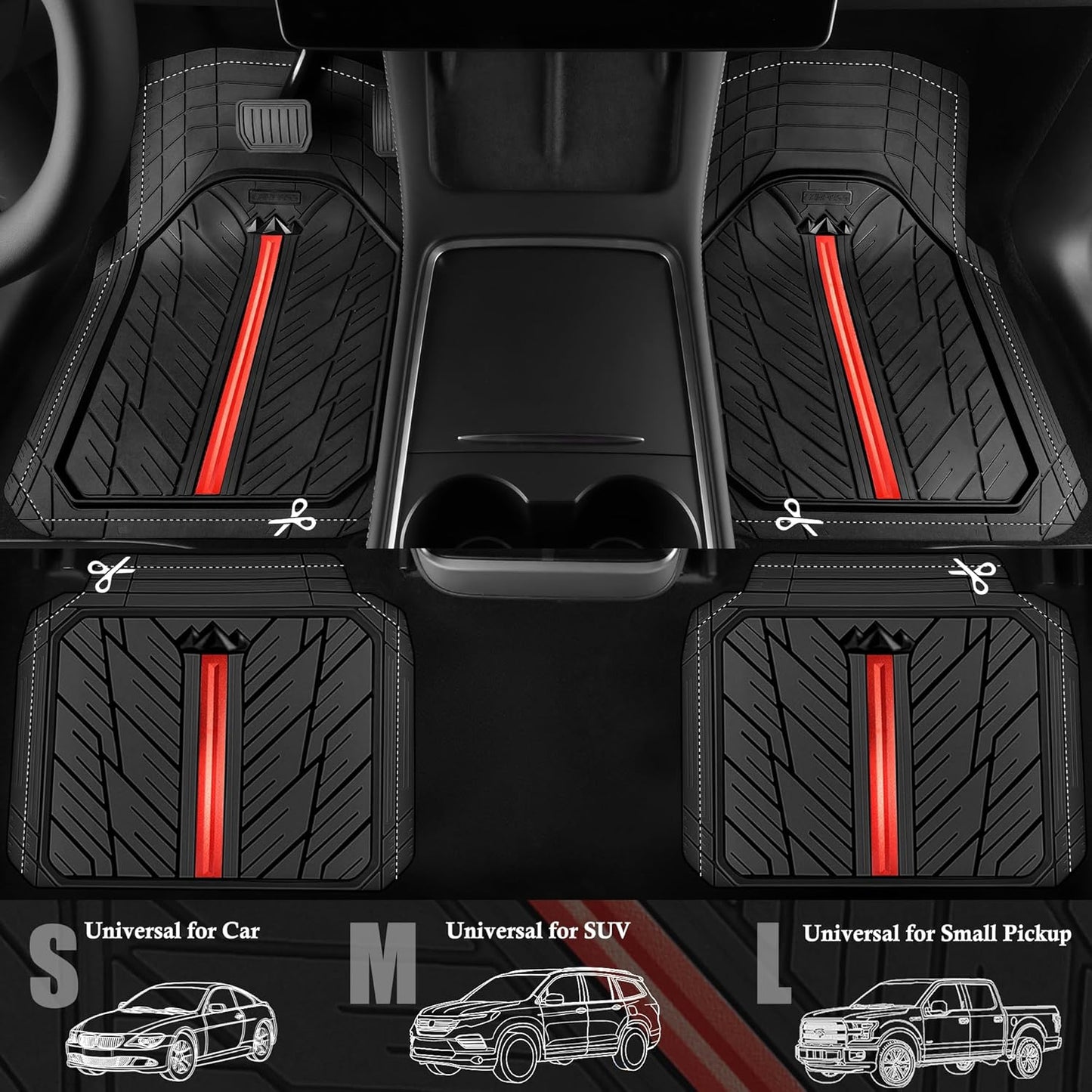 CAR PASS Metal Medium Rubber Floor Mats for Car Heavy Duty Car Mats All Weather, Universal Trim to Fit for Truck SUV Vehicle Automotive Floor Mats, Waterproof Car Mats 4 Piece Black and Red