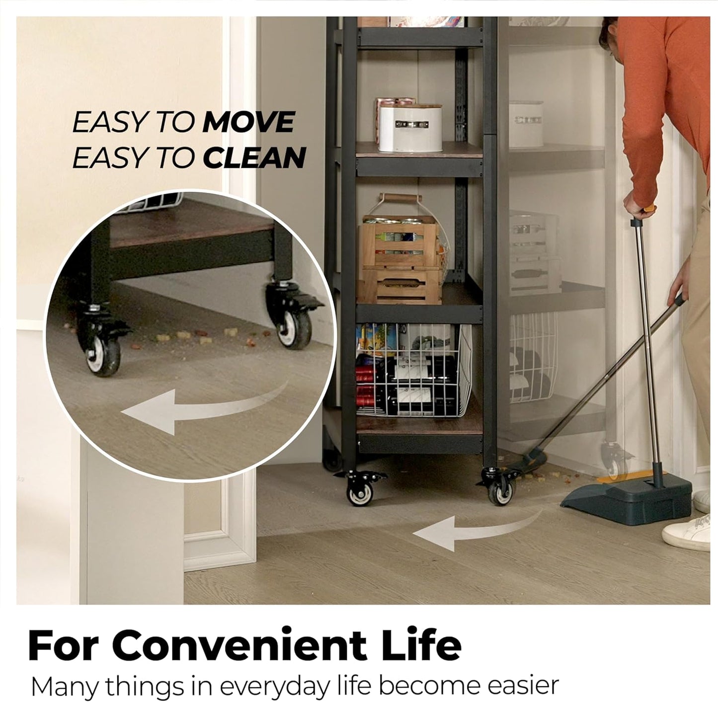 HOMEDANT House 5-Tier Metal Rolling Cart Shelf Rack Casters Heavy Duty Laminated Wheel Shelving Unit Adjustable Utility Storage Shelves Organizer Shelf Kitchen Garage 36.2" W x 16.5" D x 69.5" H 1Pack