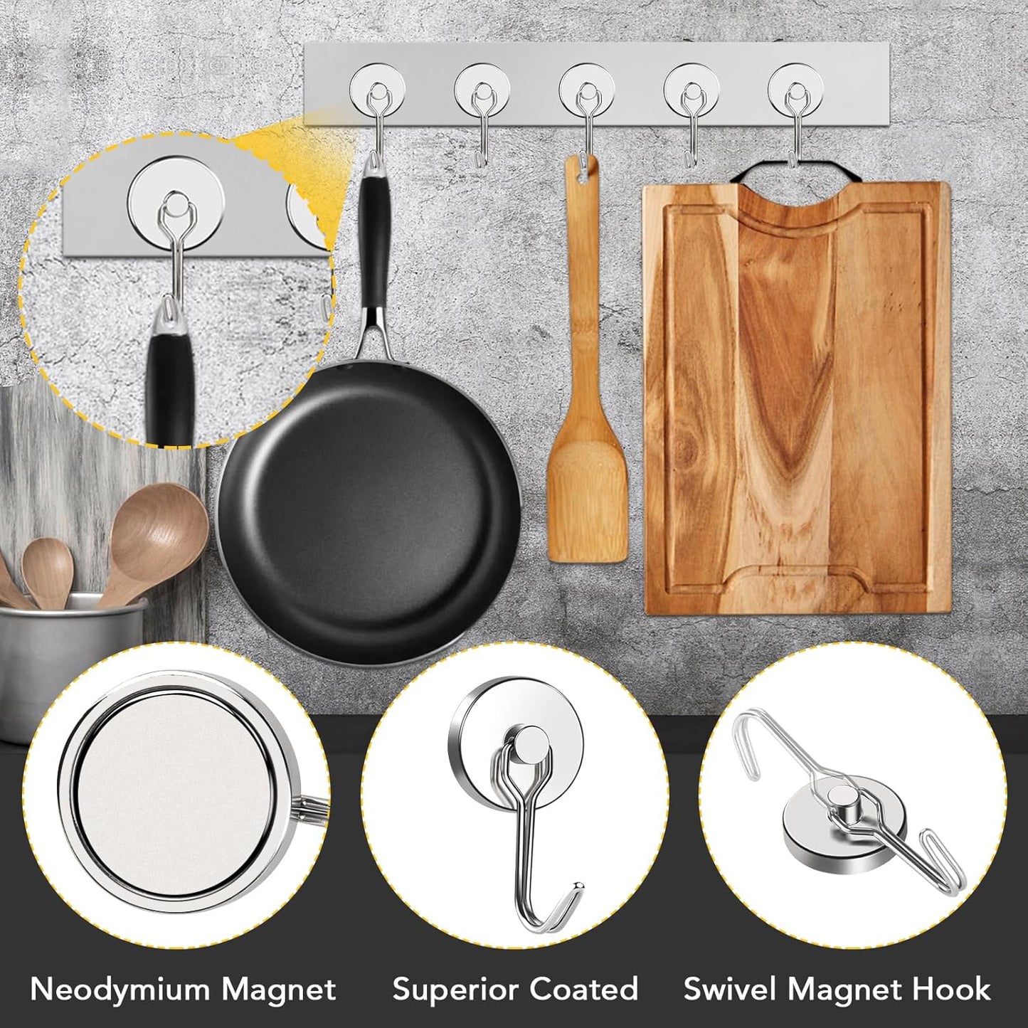 MIKEDE Magnetic Hooks, 70LB+ Swivel Swing Strong Magnetic Hooks Heavy Duty,Neodymium Cruise Hooks Magnets for Hanging, Home, Workplace, Metal Door, Office and Garage - Pack of 4