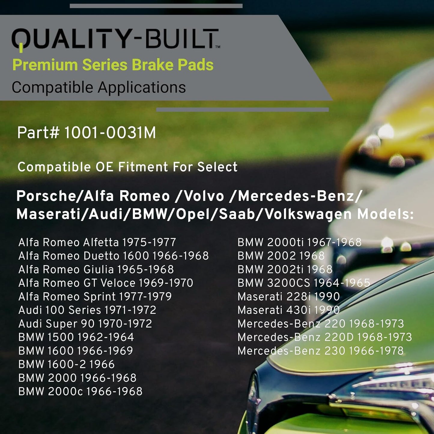 Premium Semi-Metallic Front Brake Pads (1001-0031M) Compatible with 1955-2004 Alfa Romeo/Audi/BMW/Maserati/Mercedes-Benz/Porsche/Volkswagen (280SE/280SEL/280SL/300CD/300D & More)