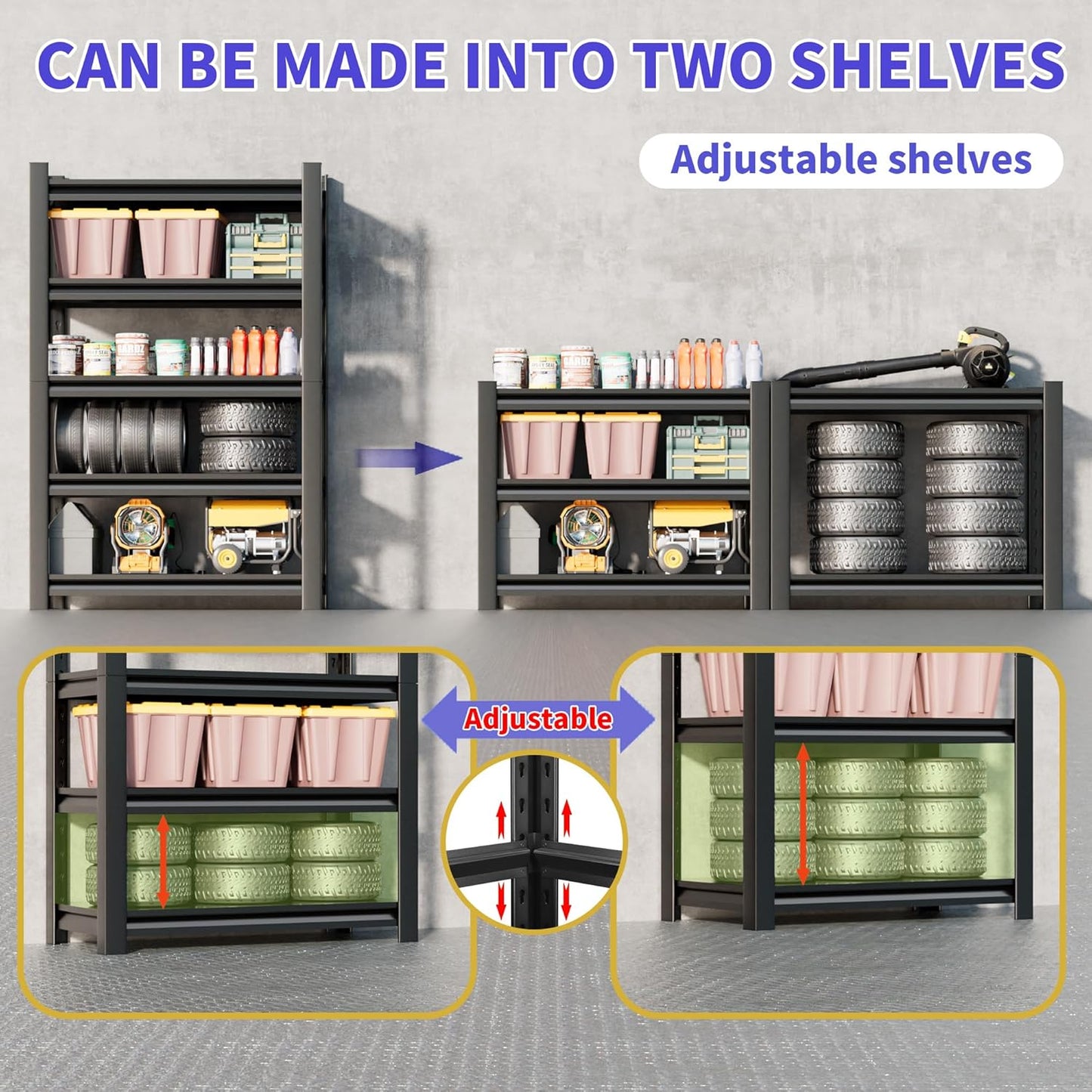 2 Sets Garage Shelving Unit 24"D x 48"W x 87"H Heavy Duty Storage Shelves Easy Assembly 5 Tier Adjustable Metal Shelving Utility Shelf Rack Garage Storage Organizer for Garage, Basement, Warehouse
