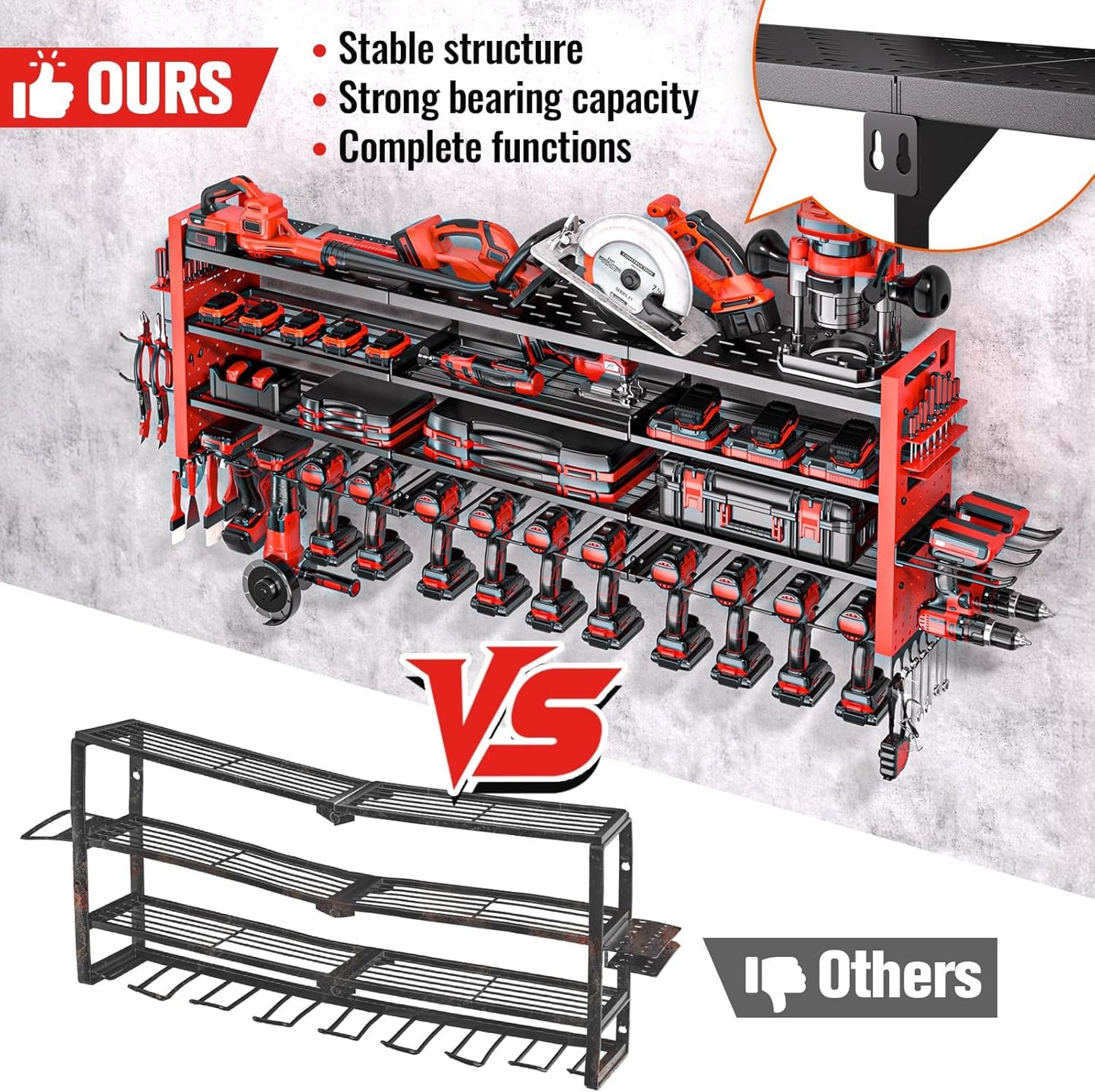49.8" W Large Power Tool Organizer Wall Mount, Heavy Duty Tool Organizer with 14 cordless Drill Holder, 4 Layers Garage Organization and Storage Rack, Tool Rack for Garage Workshop, Red