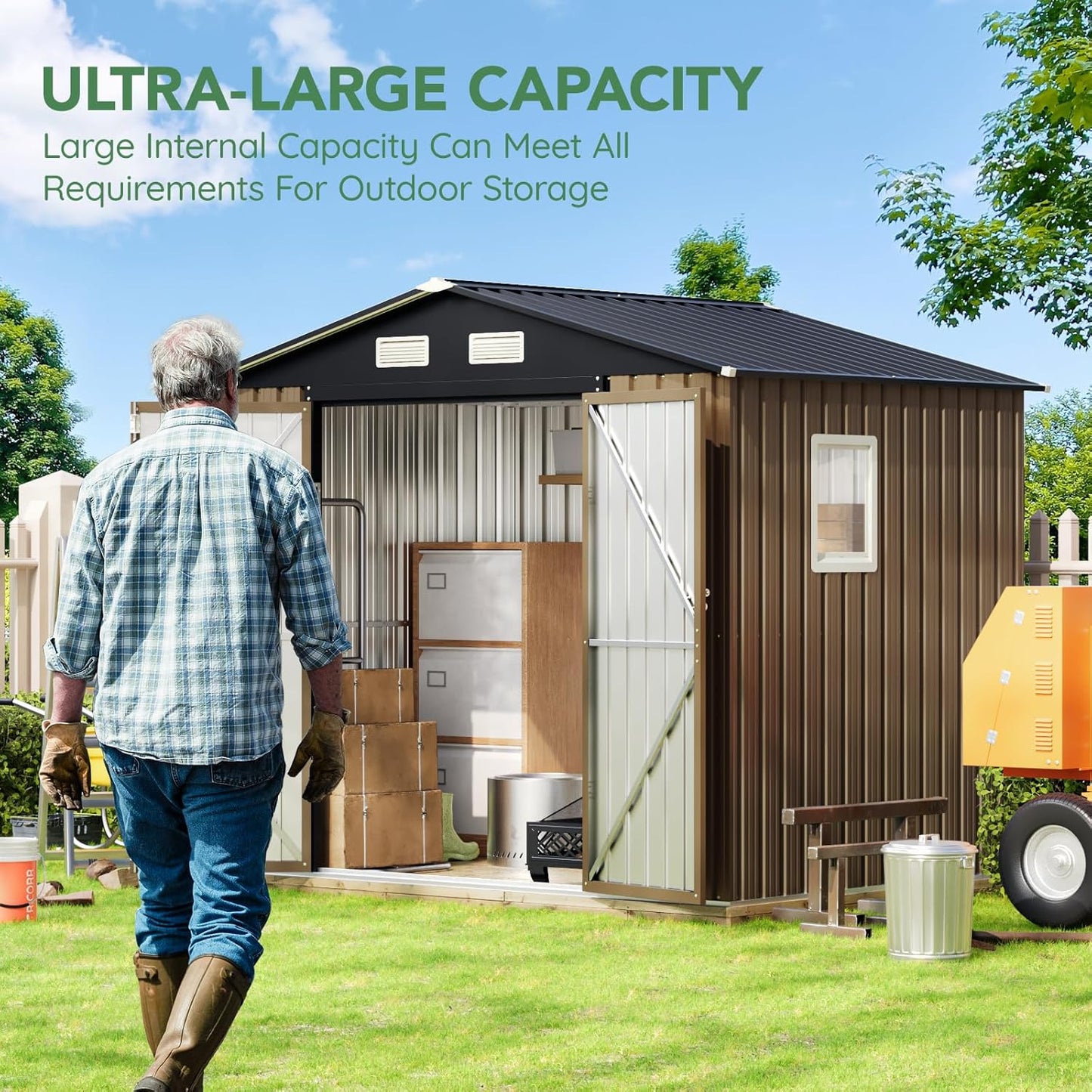 8X6FT Outdoor Steel Storage Shed with Lockable Doors, One Big Window,Ideal for Garden, Backyard, Patio Storage,Brown