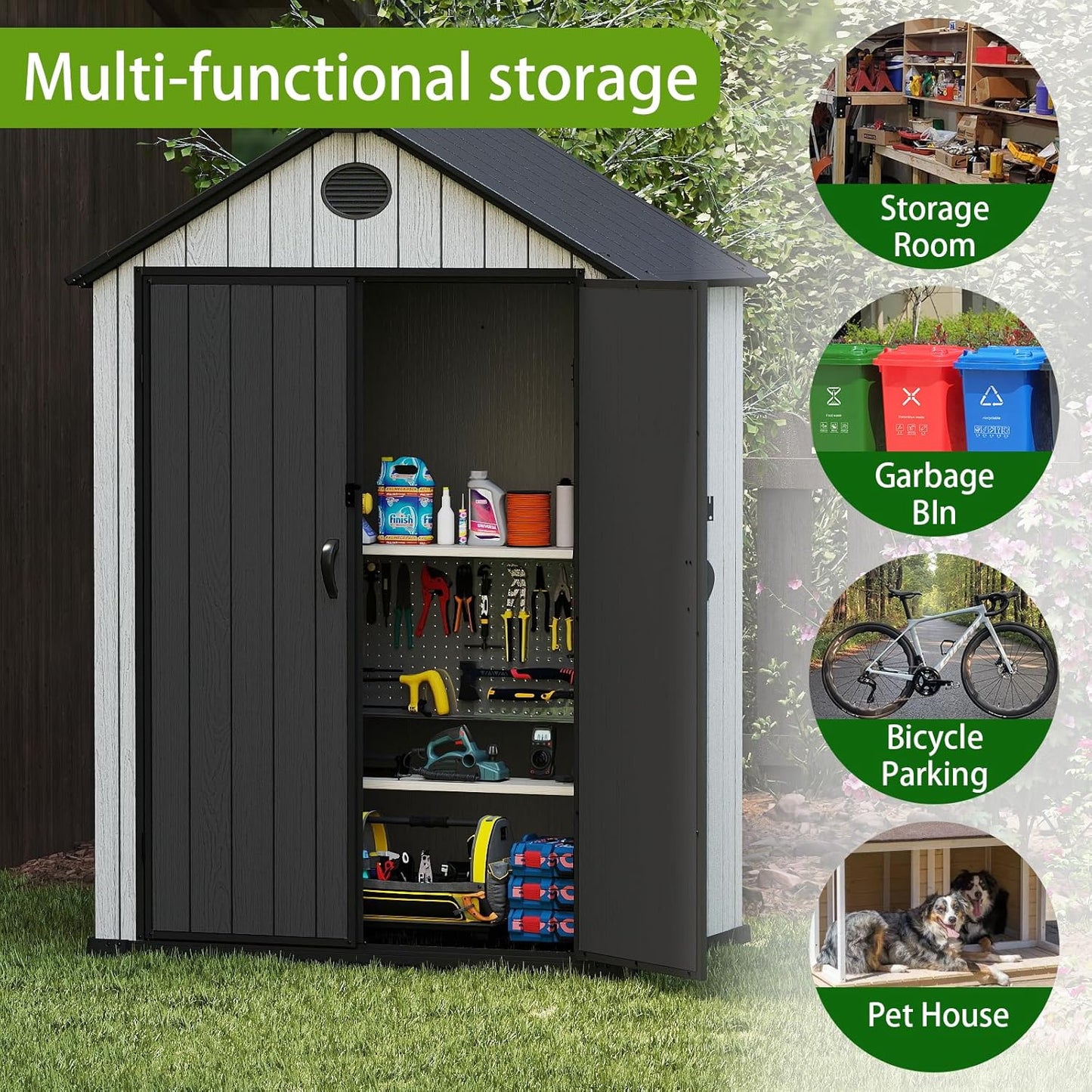 6x4 FT Resin Storage Shed,Lockable Door, and Vents for Garden, Backyard, Patio, Lawn,Grey Black
