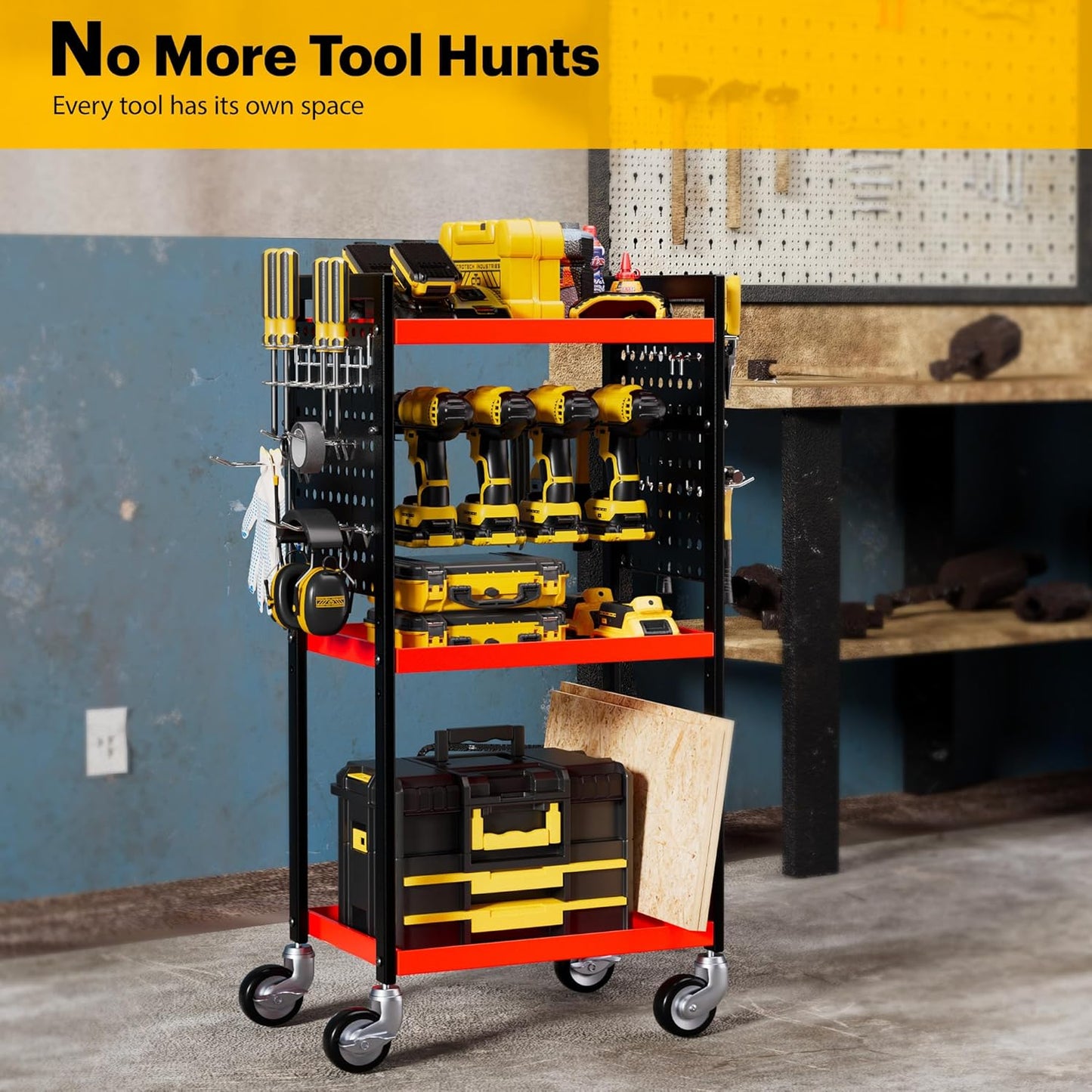 Power Tool Organizer Cart, Garage Tool Storage, Heavy Duty 4 Tier Floor Standing Rolling Shelf with Wheels, Mobile Workbench for Garage Workshop Home Repair, Gift for Father Men Husband, Red