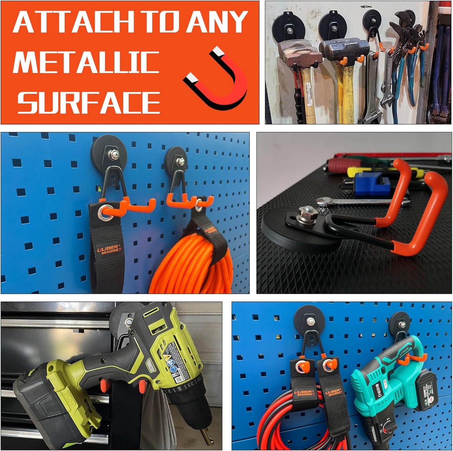 ULIBERMAGNET Heavy Duty Large Garage Magnet Hooks, 3 Pack Strong Storage Utility Magnetic Hooks with Anti-Slip Coating for Pegboard,Garage Shelve Hanging (Orange)