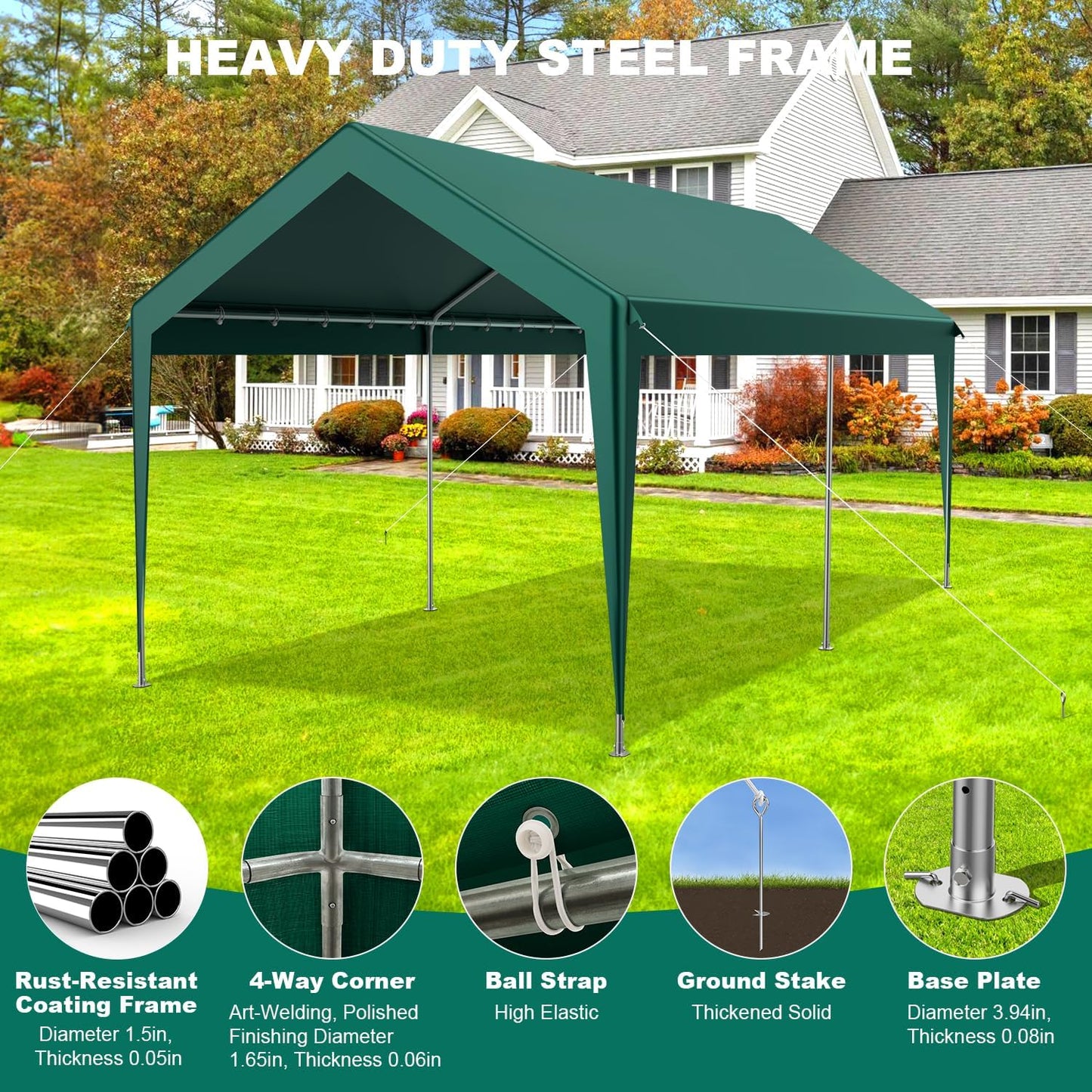 10x20FT Heavy Duty Carport, Portable Car Canopy Garage Boat Shelter Party Tent, UV Resistant Waterproof Carport Canopy with Four Wind-Resistant Ropes, Green
