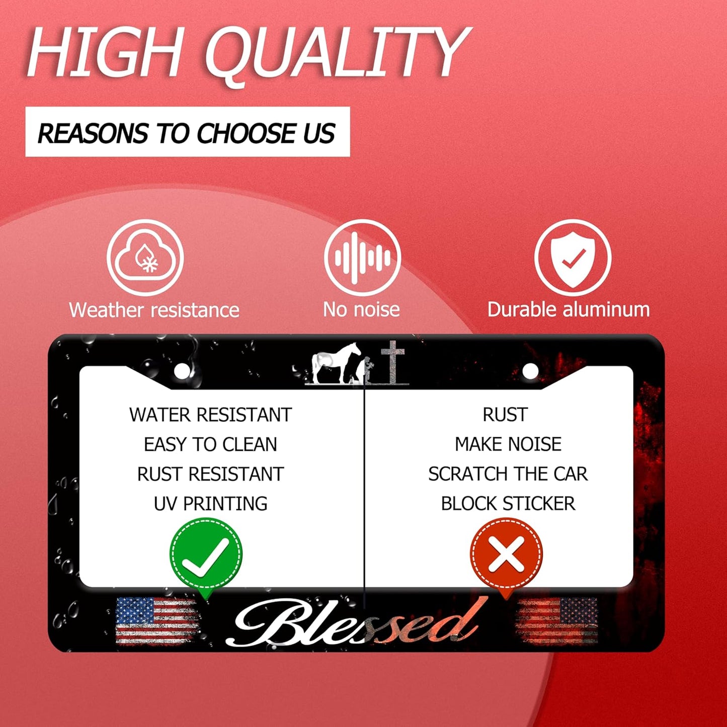 Blessed American Flag License Plate Frame Cross Pray for US License Plate Frames Stainless Steel Accessories Cars Decor with 2 Holes and Screws Fits Standard US CA Vehicles Size 12.2 x 6 Inches