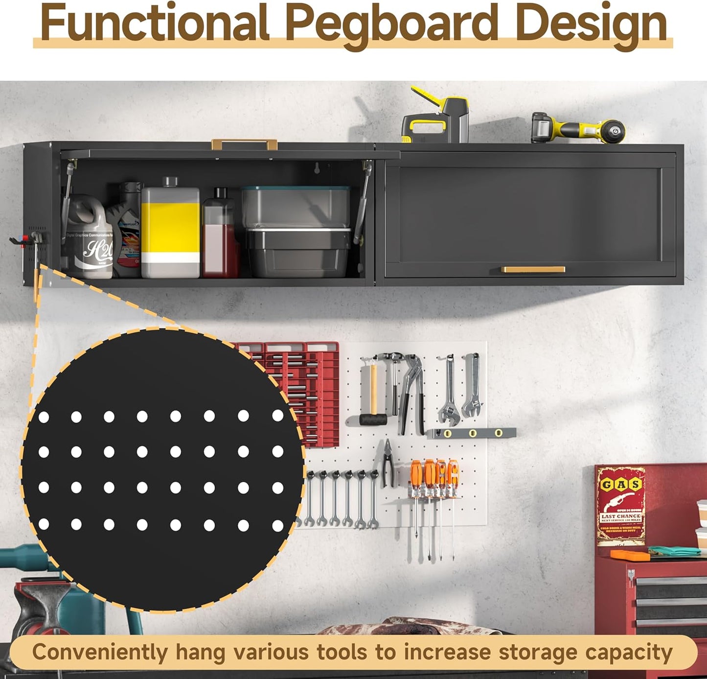 Metal Garage Wall Cabinet, Floating Tool Cabinet for Home, Office, Kitchen, Basement, Warehouse - Black with Up-Flip Door, Wall Mounted, Assembly Required