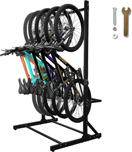 Freestanding 5 Bike Storage Rack for Garage, Hold Multiple Bicycles, Mountain Bikes, Road Bikes, Kids’ Bicycles and E-Bikes