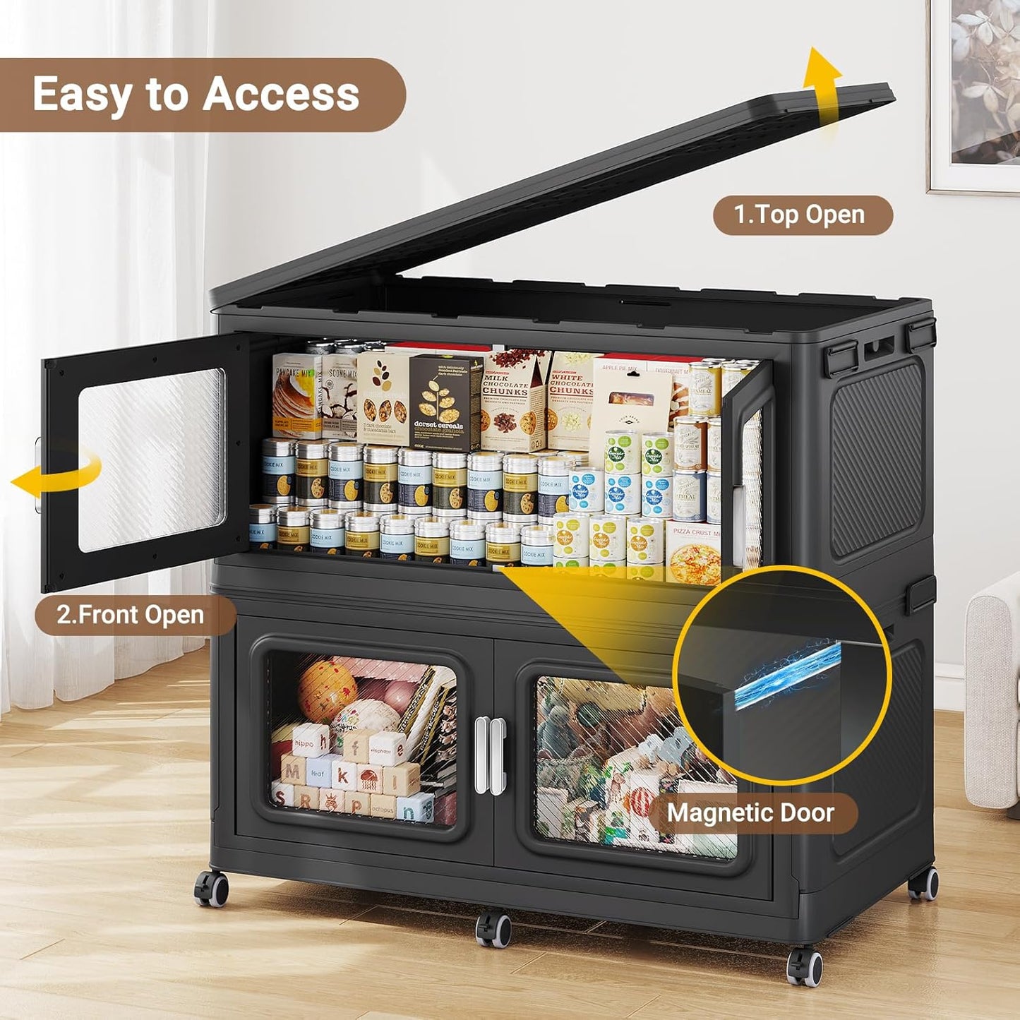 660 Qt Stackable Storage Bin with Lids, 165Gal Extra Large Collapsible Storage Boxes, Folding Plastic Drawer, Heavy-Duty Store Cabinet, Closet Organizer for Home Kitchen, 3 Pack Black