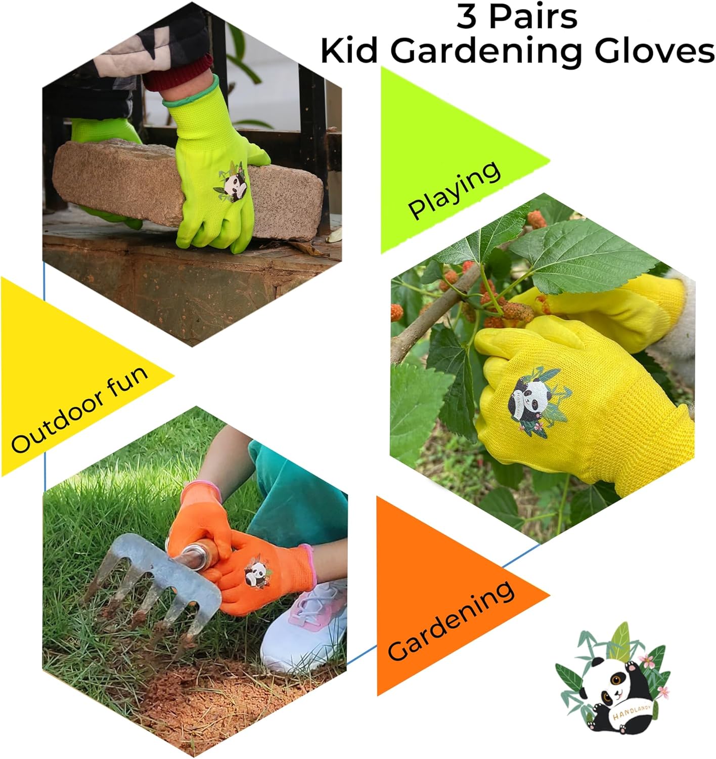 HANDLANDY 3 Pairs Kids Gardening Gloves Latex Free, Nitrile Coated Children Toddler Garden Yard Outdoor Playing Gloves for Little Girls Boys (Size S)