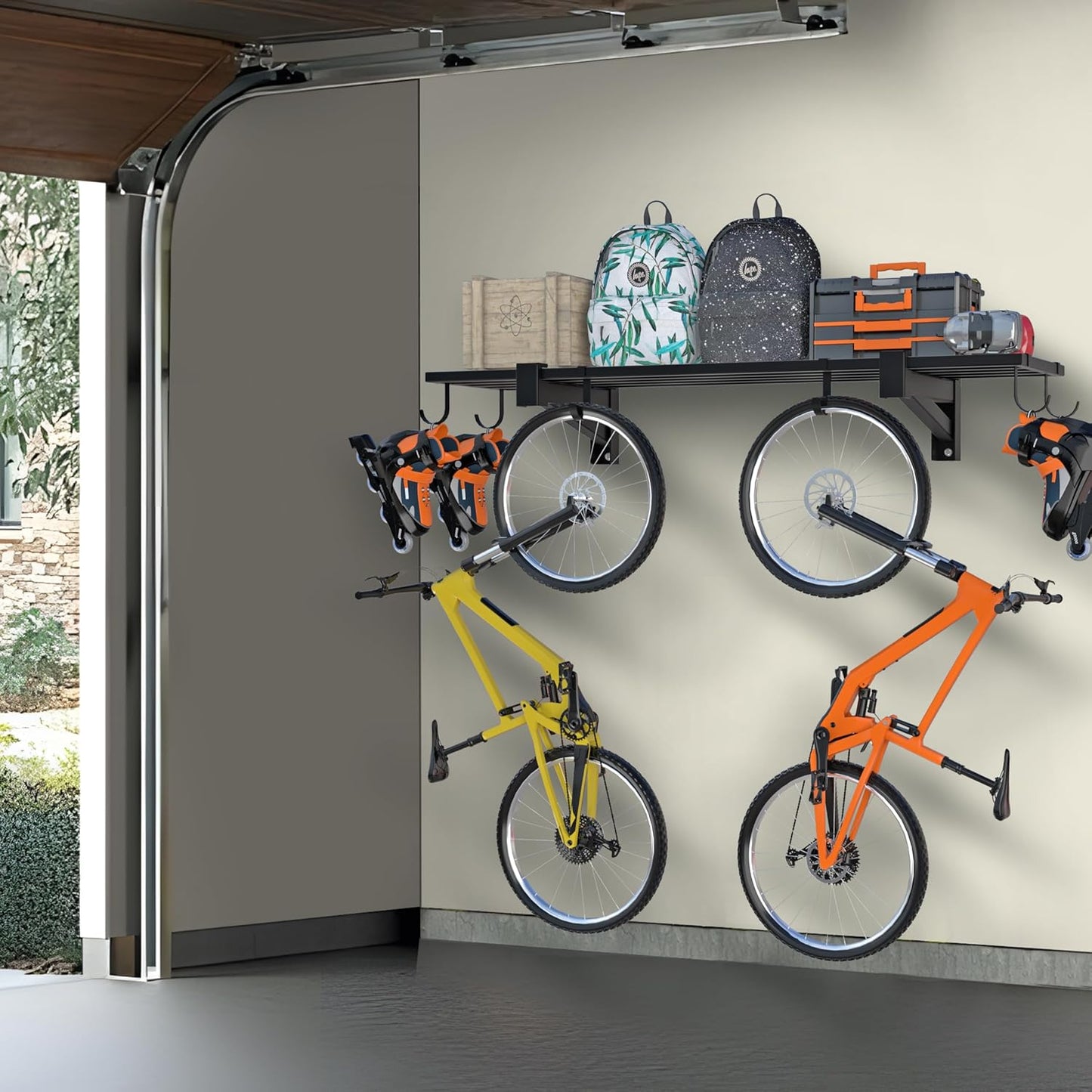 1-Pack Garage Wall Shelving,Heavy Duty Garage Storage Shelves, Wall Mounted Storage Shelving with 6 Hooks, 250LB Capacity, Black