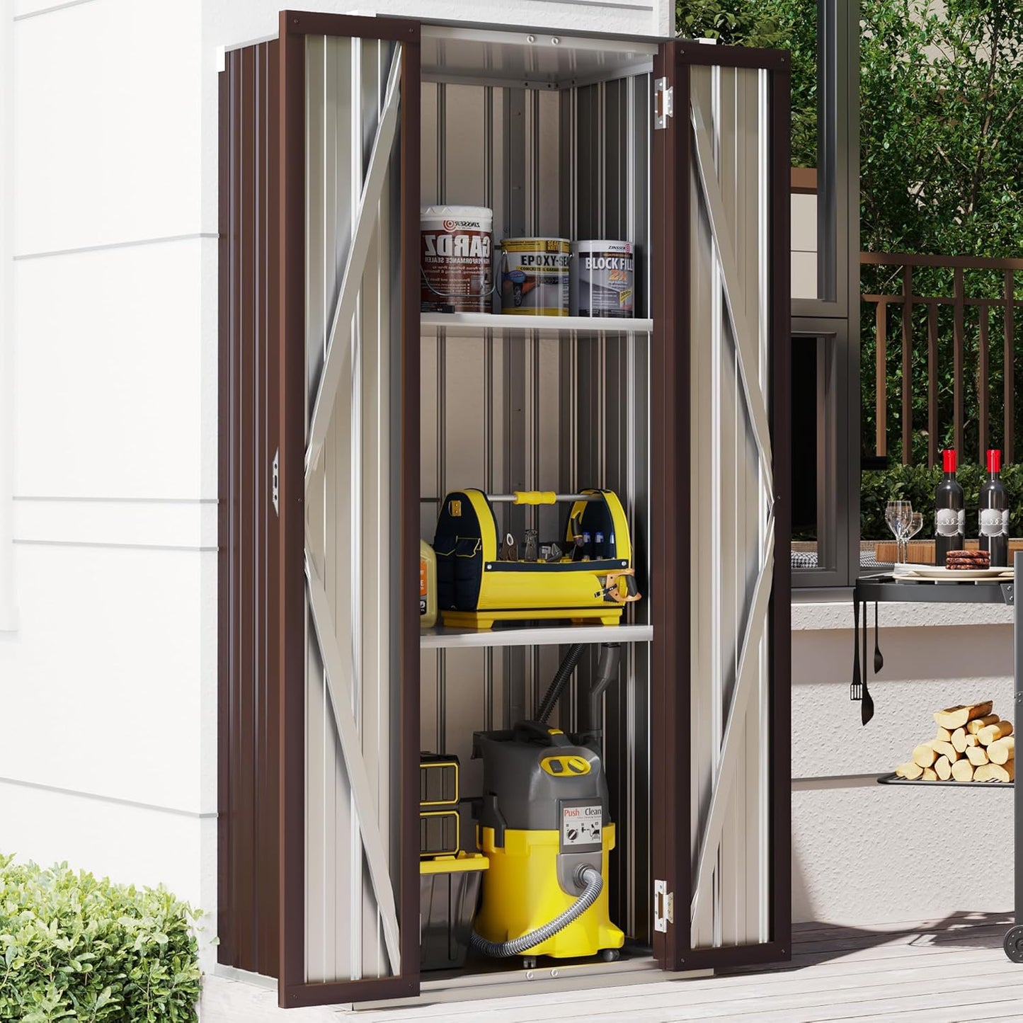 AECOJOY Outdoor Storage Cabinet Waterproof with Shelves, Vertical Tall Garden Outdoor Cabinet, Sheds & Outdoor Storage Clearance Cabinet Weatherproof for Outside in Brown