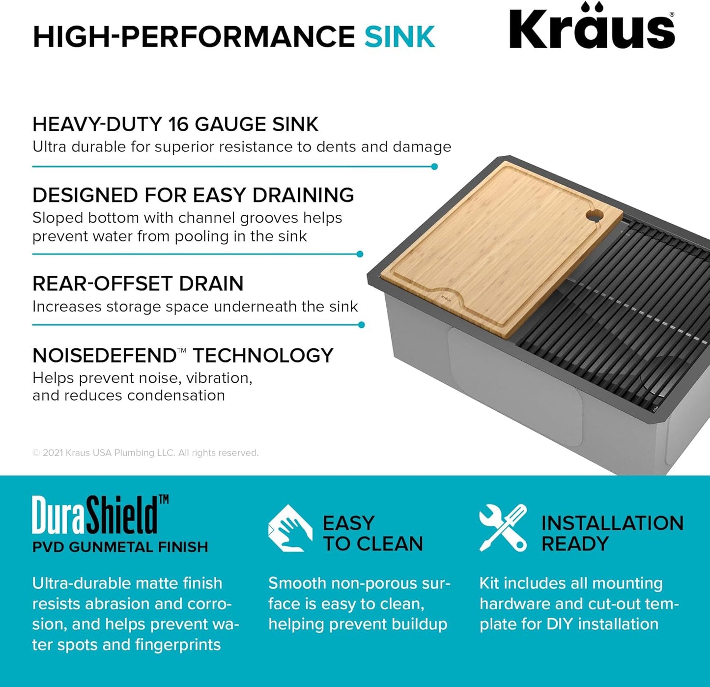 KRAUS Kore Workstation 27-inch Undermount 16 Gauge Black Stainless Kitchen Sink, Single Bowl Kitchen Sink in PVD Gunmetal Finish with Accessories, KWU110-27-PGM