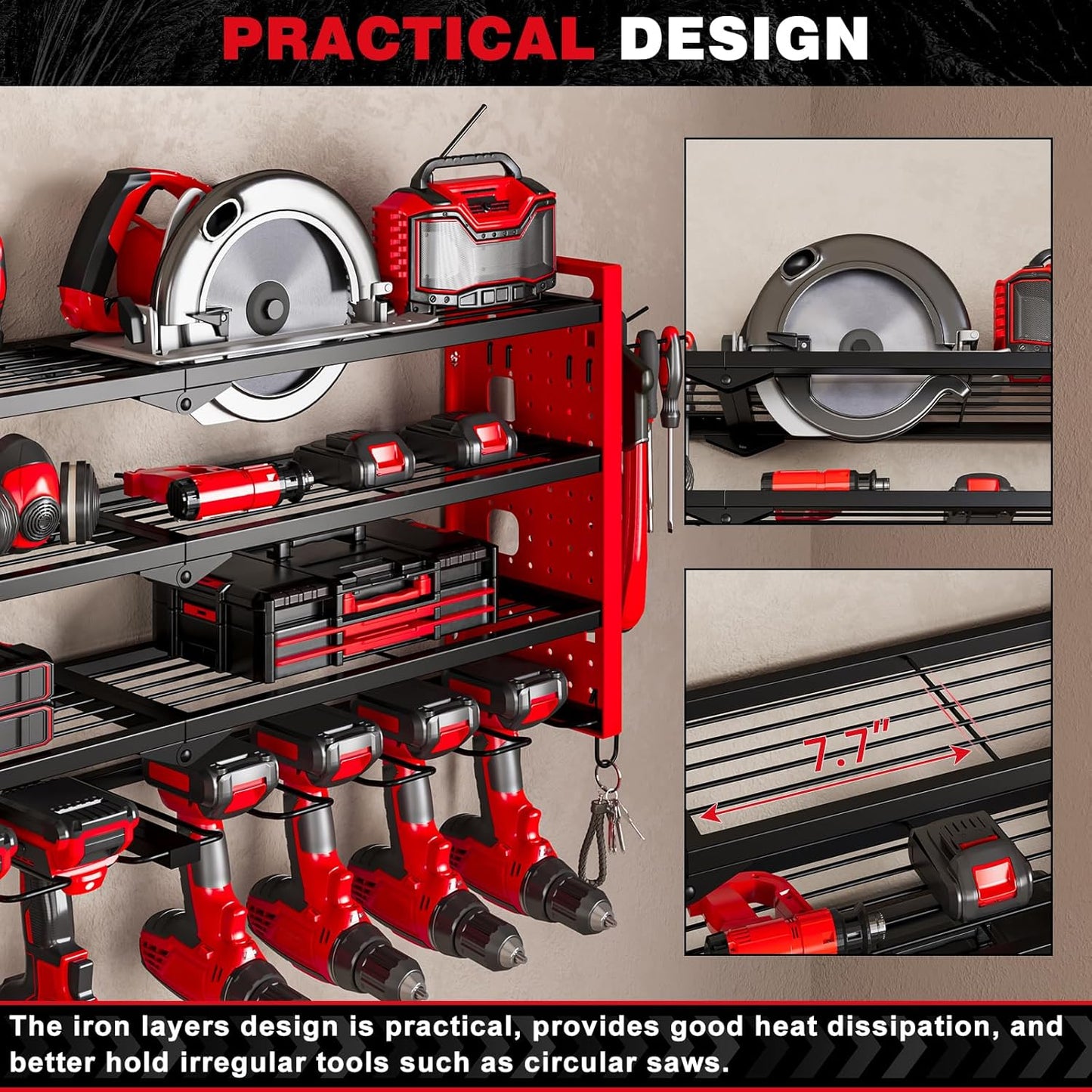 Power Tool Organizer Wall Mount,Cordless Drill Organizer,4 Layers Large Capacity Tool Rack with 8 Drill Holders (RED)