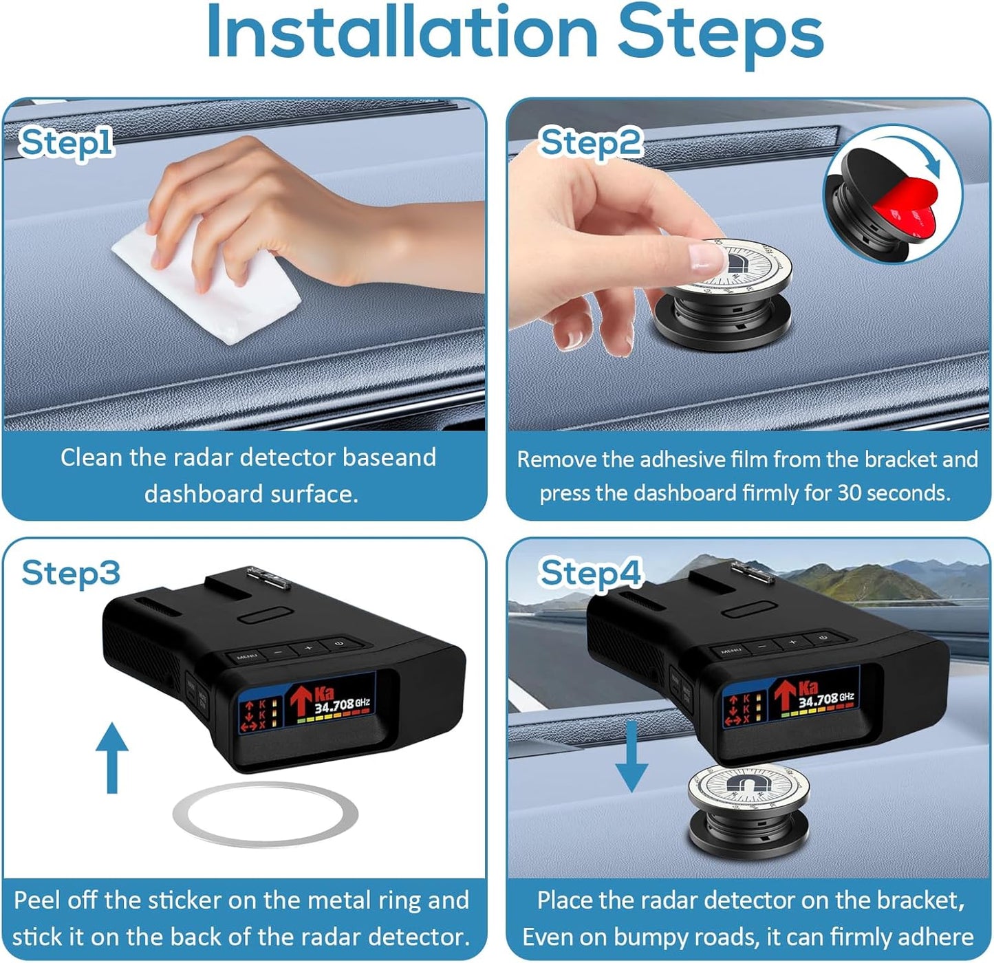 Magnetic Radar Detector Dashboard Mount - Adhesive Holder for Escort,Cobra，Uniden, Valentine One，All Radar Models - Anti-Vibration Stable Fit, Unobstructed View Design - Universal Car Accessory