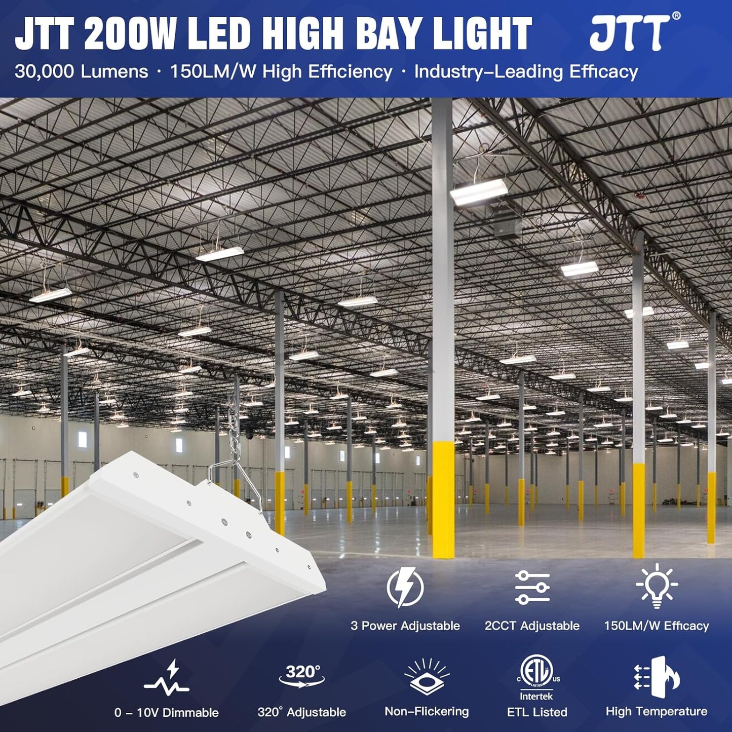 JTT LED Linear Shop Lights 200/150/100W,30000LM 360° Adjustable Led High Bay Lights 4/5000K Daylight 120-277V, Led Garage Light for Shop Workshop Store Commercial Supermarket Warehouse Basement,4-Pack