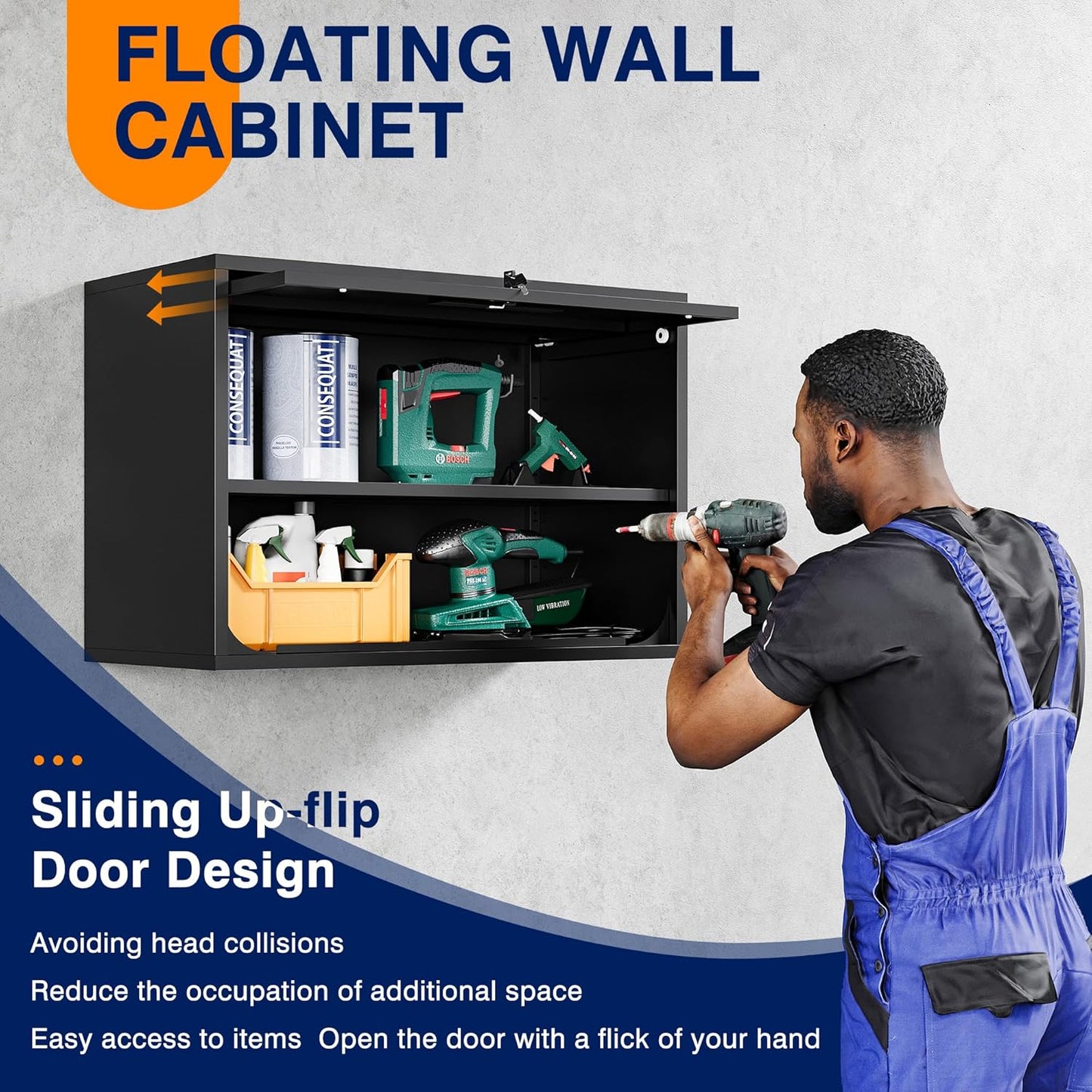 Yizosh Metal Garage Wall Cabinet with Doors and Shelves, Wall Mounted Metal Storage Cabinet, Floating Garage Tool Cabinet for Garage, Basement, Kitchen, Warehouse (Black, 21.6" H)