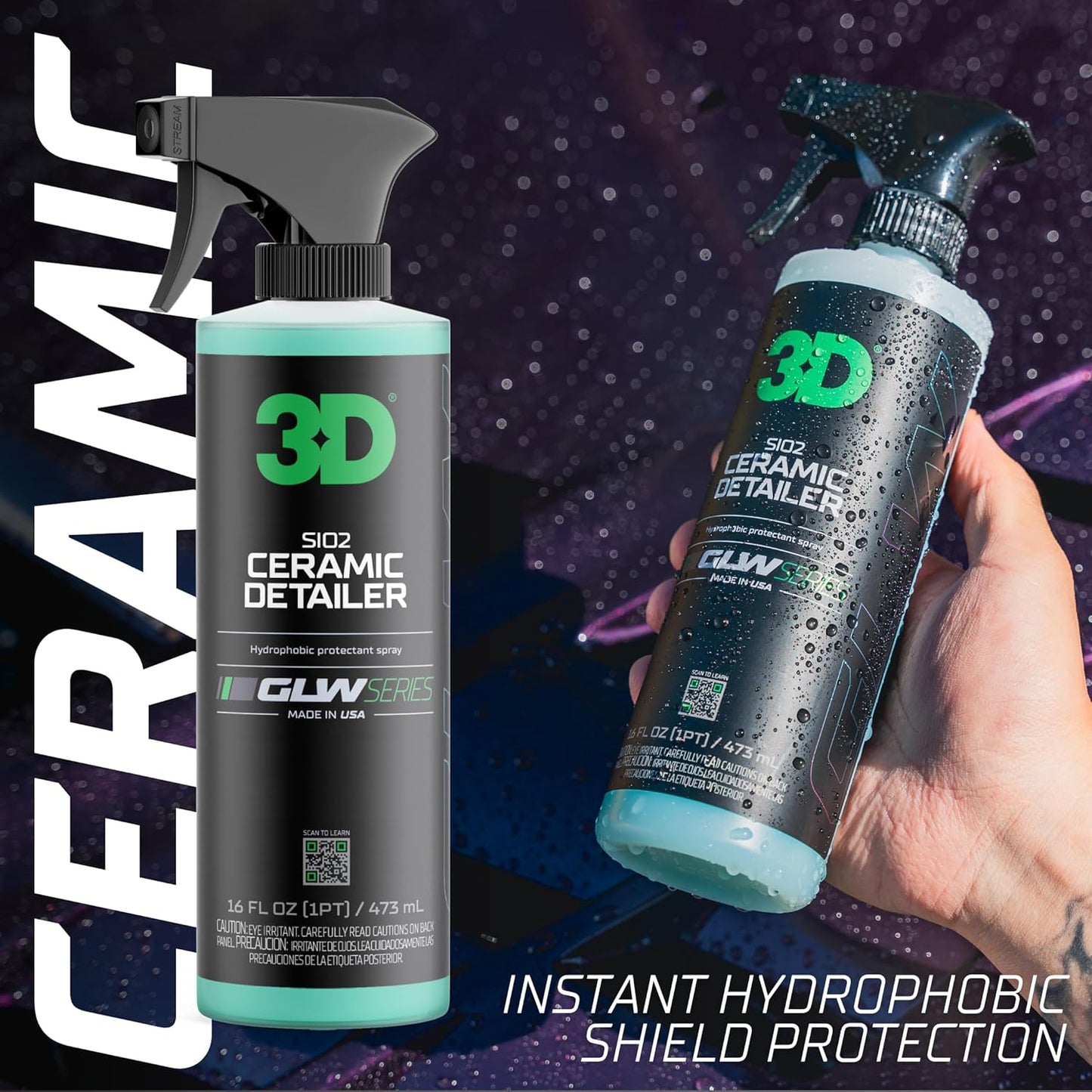 3D Ceramic Detailer, GLW Series | Hyper Gloss Finish | SiO2 Peak Hydrophobic Top Coat | Extends Life of Waxes, Sealants, Coatings | DIY Car Detailing Spray | 16 oz