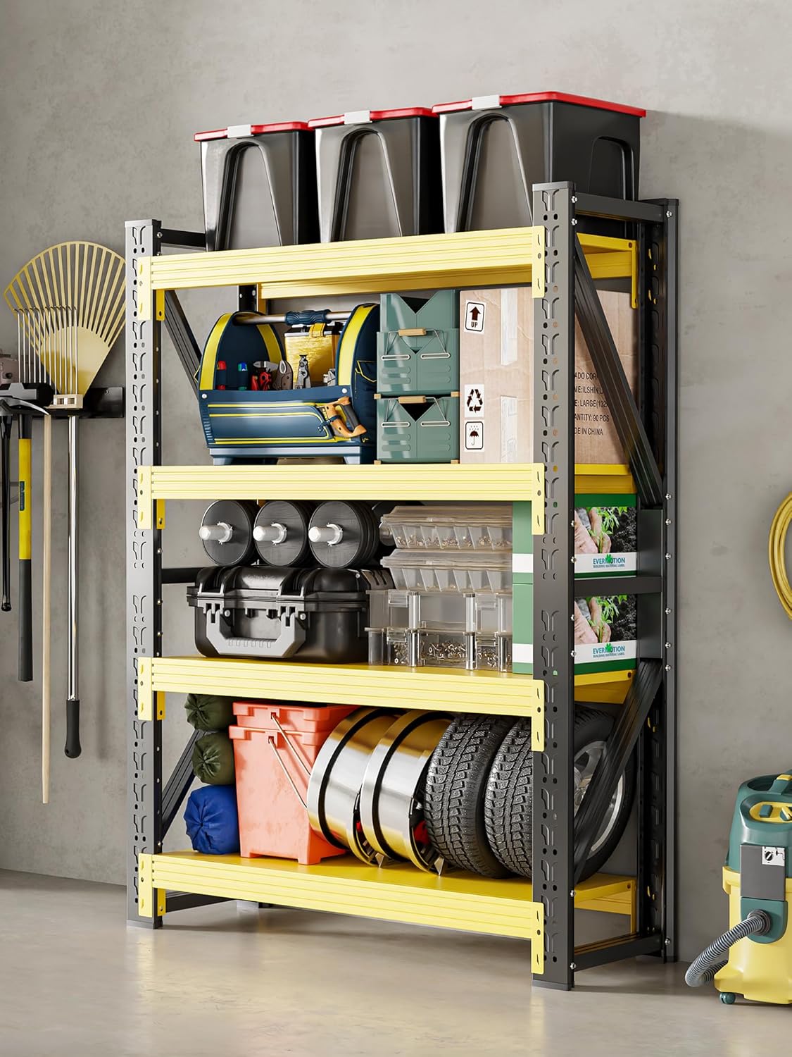 4-Tier Storage Shelves,63" H Heavy-Duty Garage Shelving Unit,Adjustable Industrial Metal Shelf System,3,000lbs Capacity,Tool Organizer for Garage,Workshop,32" W*20" D*63" H,Black&Yellow