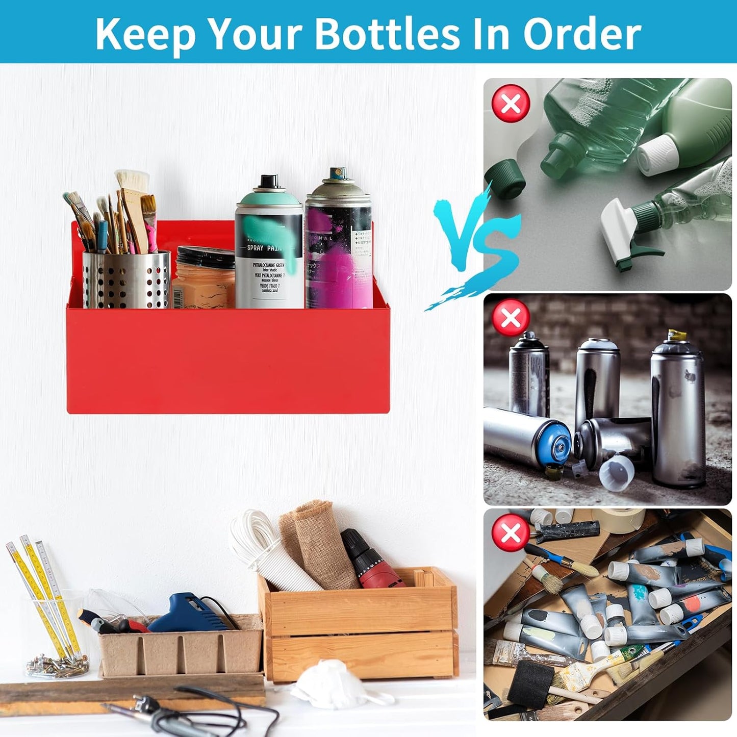 Magnetic Aerosol Spray Can Holder, Magnet Toolbox Bottle Holder, Tool Box Storage Rack for Garage and Home, Craft Workspace, Mechanic Paint Bottle Can Organizer, Red, 3"x8.3"